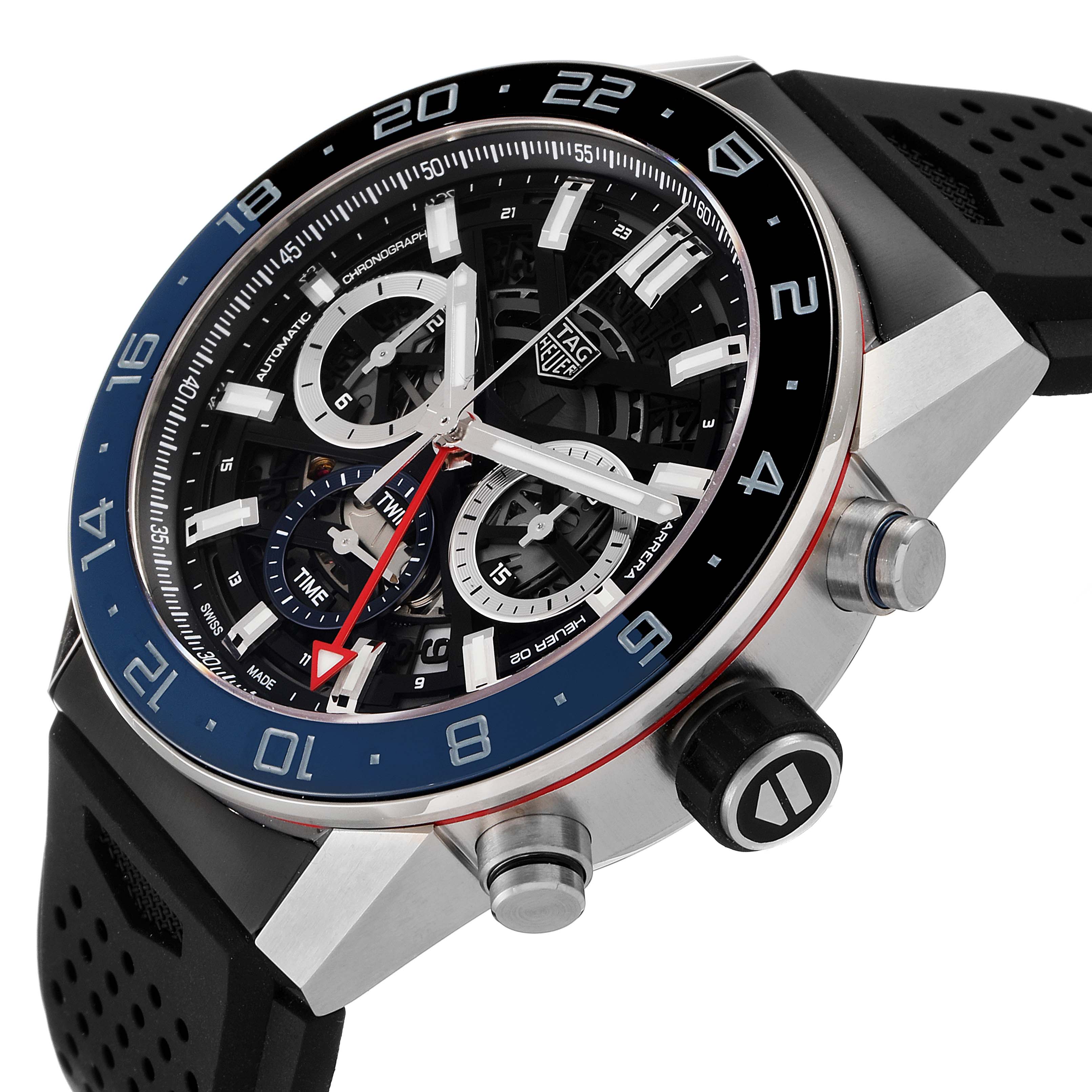 The image shows a close-up of a Tag Heuer Carrera CBG2A11.FC6460 Men
s Stainless Steel Blue Dial CBG2A11.FC6460 Men
s Stainless Steel Blue Dial watch highlighting its face, bezel, and crown from an angled side view.