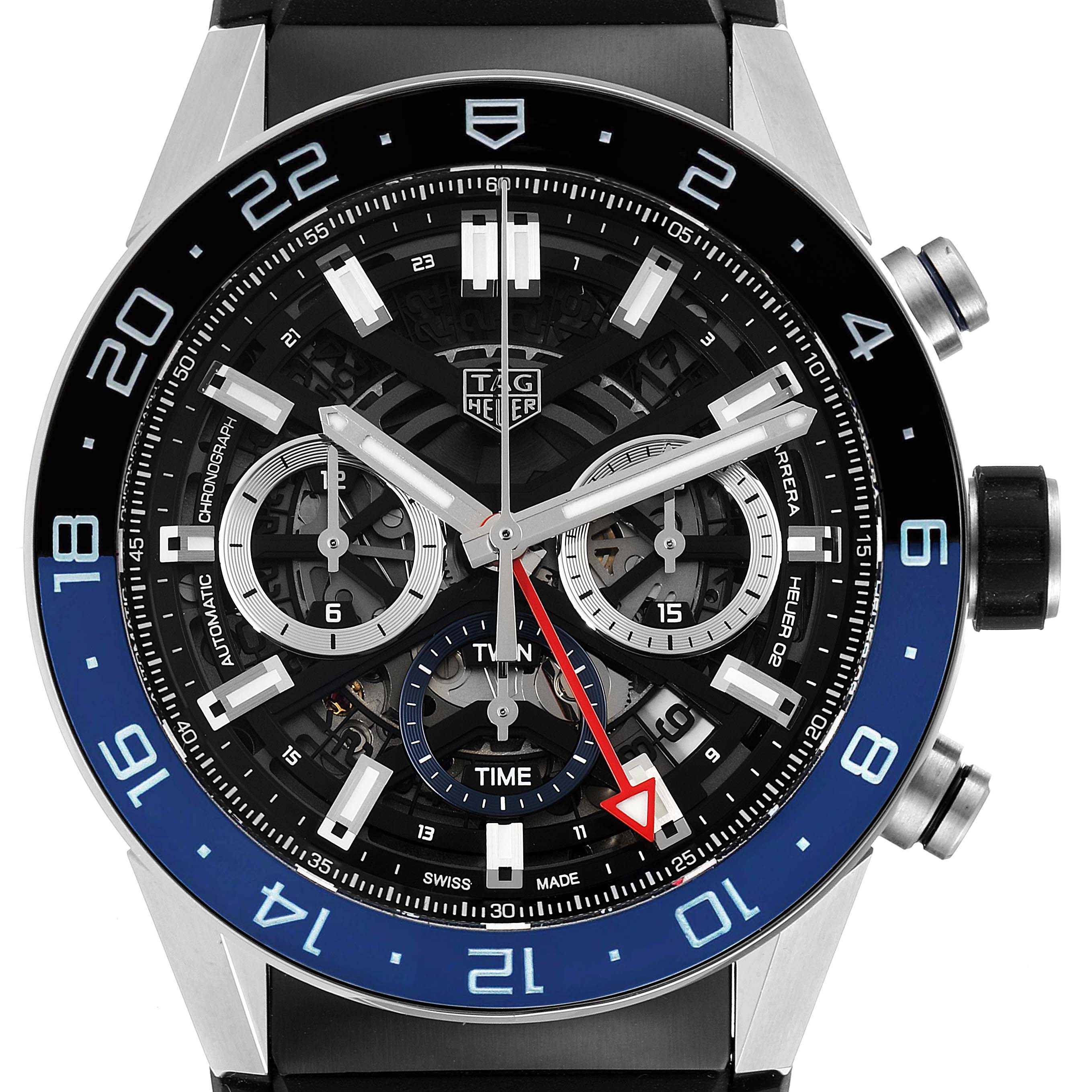 This image shows a front-facing view of the Tag Heuer Carrera CBG2A11.FC6460 Men
s Stainless Steel Blue Dial CBG2A11.FC6460 Men
s Stainless Steel Blue Dial watch, highlighting its dial, bezel, hour markers, and chronograph subdials.