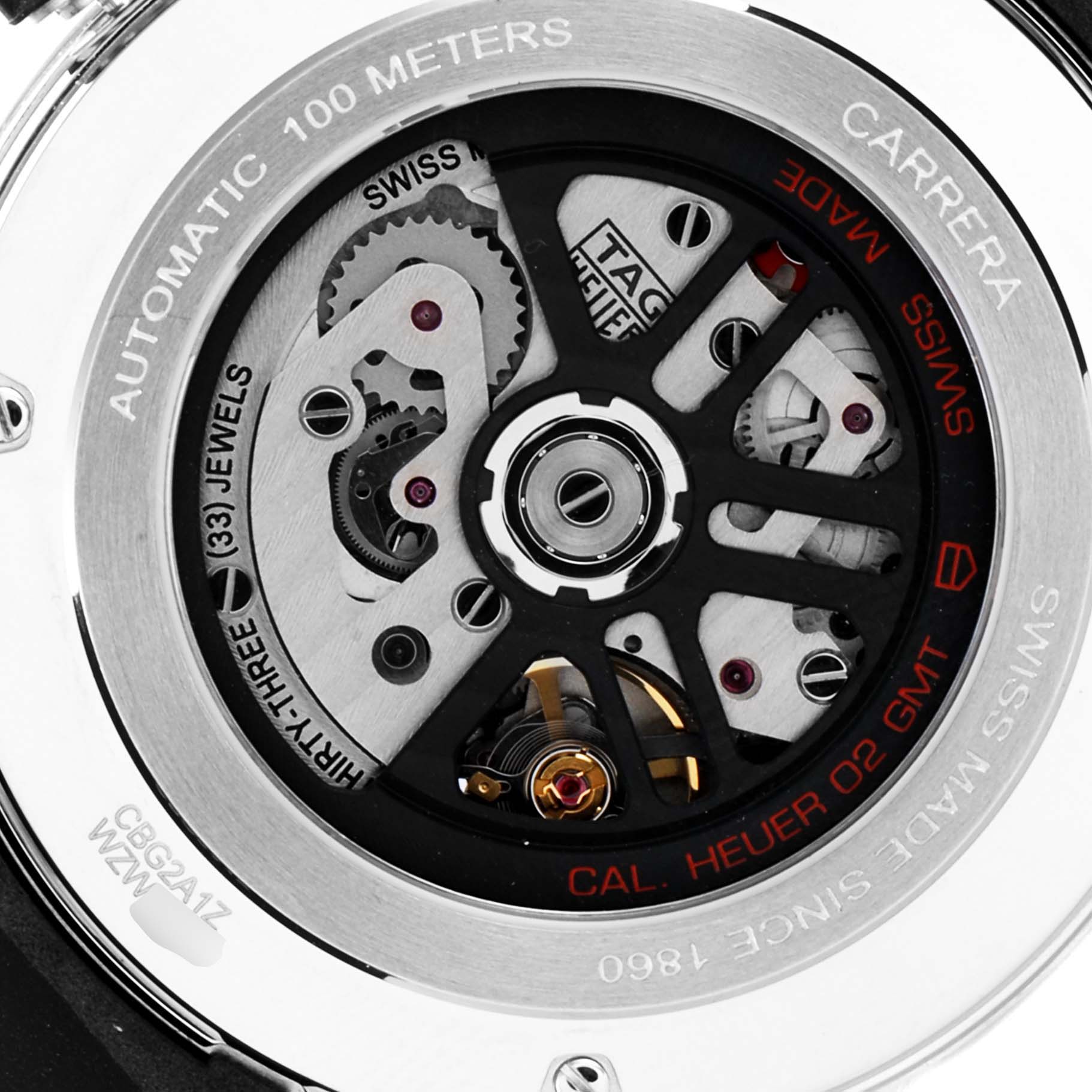 The image shows the back view of the Tag Heuer Carrera CBG2A11.FC6460 Men
s Stainless Steel Blue Dial CBG2A11.FC6460 Men
s Stainless Steel Blue Dial watch, revealing its automatic movement and internal mechanisms.