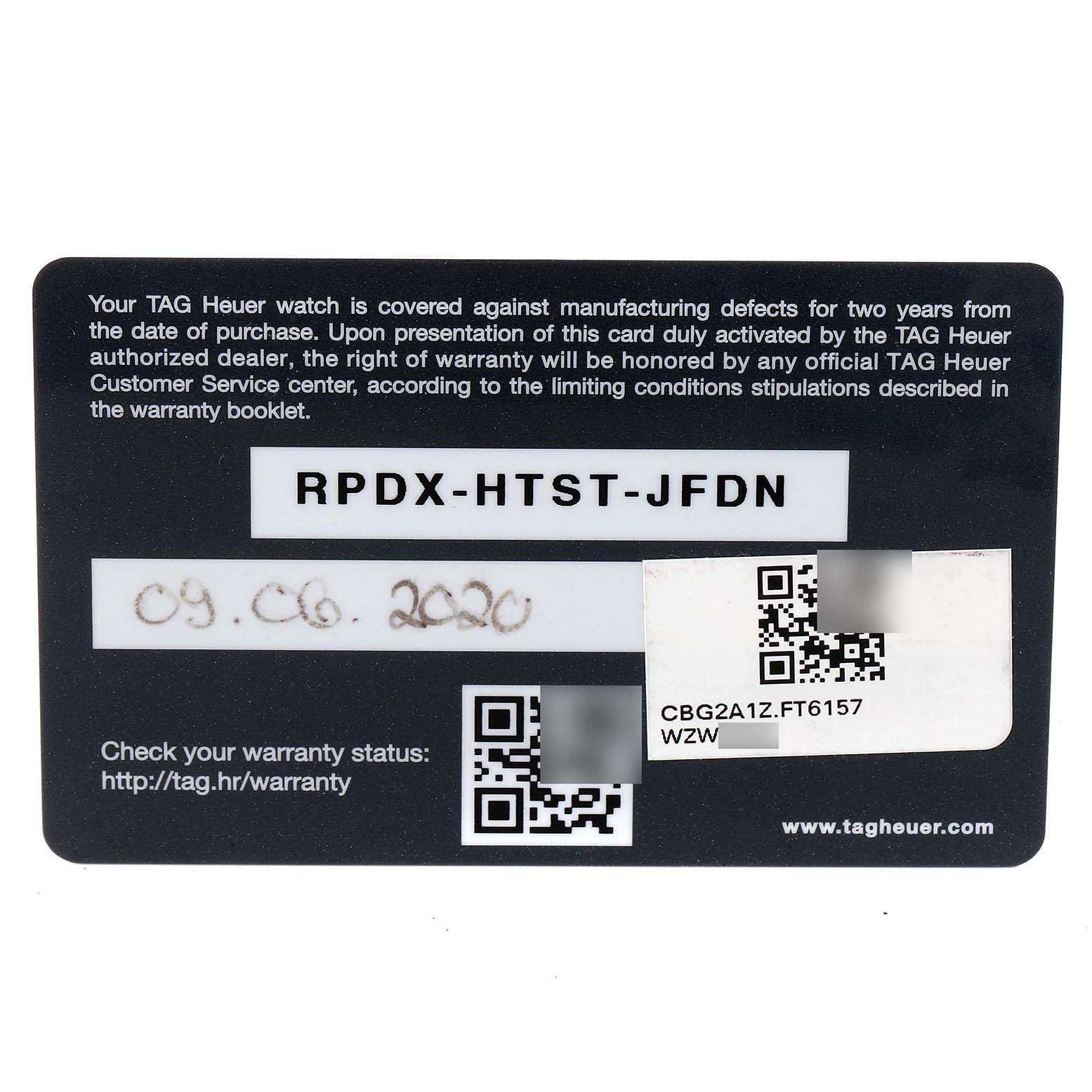 This image shows the warranty card for a Tag Heuer Carrera CBG2A11.FC6460 Men
s Stainless Steel Blue Dial CBG2A11.FC6460 Men
s Stainless Steel Blue Dial watch from a top-down angle.