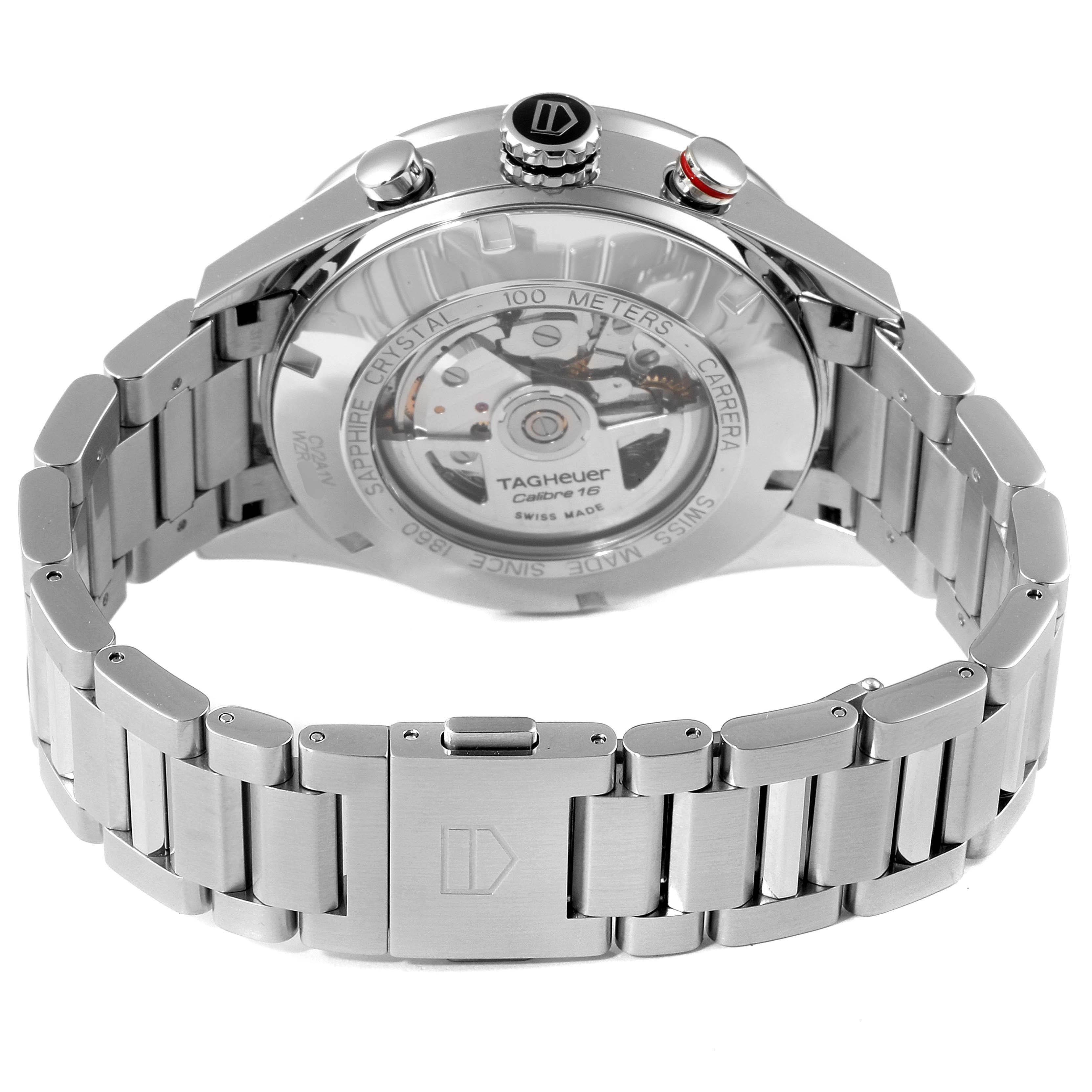 This image displays the back view of a Tag Heuer Carrera CV2A1V.BA0738 Men
s Stainless Steel Blue Dial CV2A1V.BA0738 Men
s Stainless Steel Blue Dial watch, highlighting its sapphire crystal case back and stainless steel bracelet.