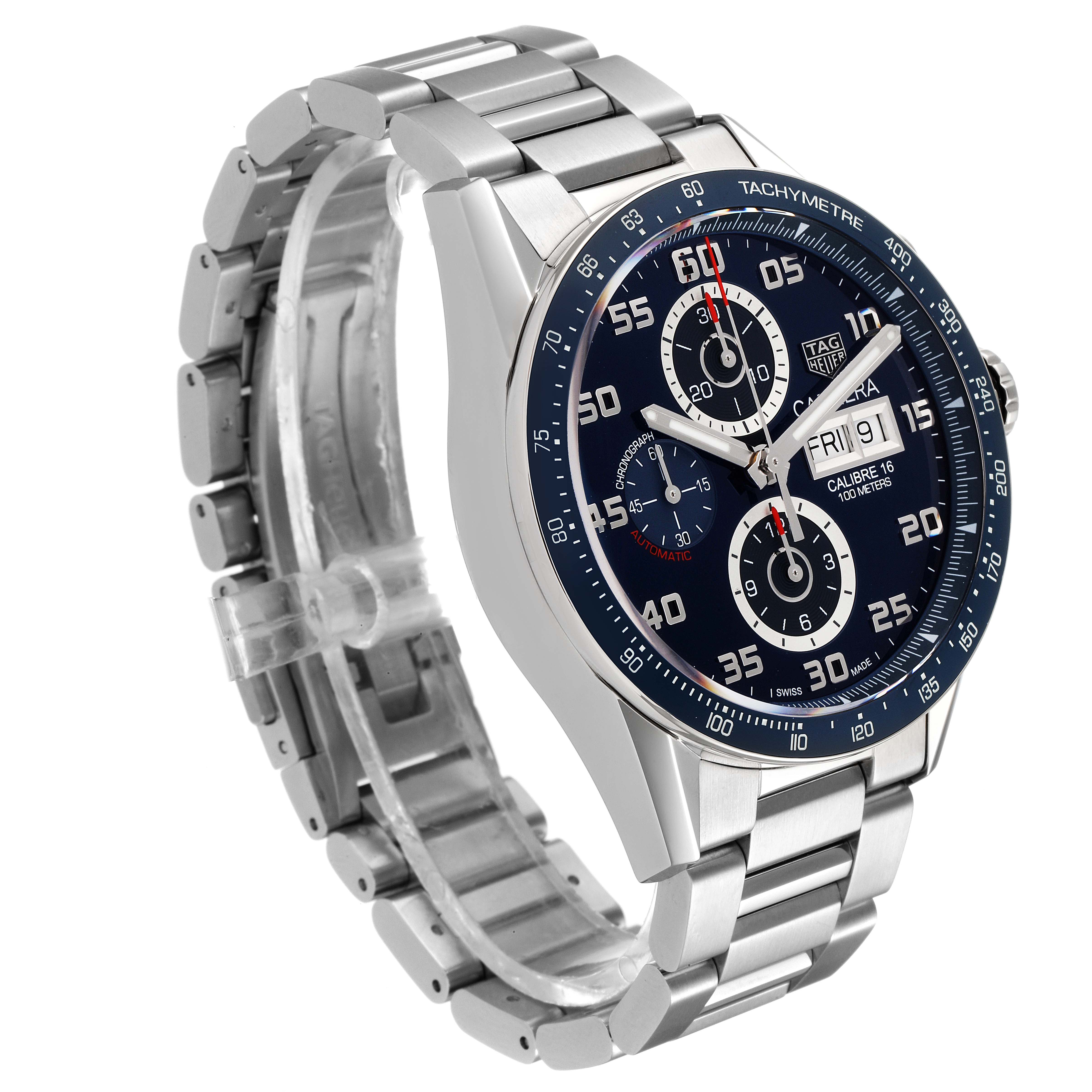 The image shows a Tag Heuer Carrera CV2A1V.BA0738 Men
s Stainless Steel Blue Dial CV2A1V.BA0738 Men
s Stainless Steel Blue Dial watch from a three-quarter angle, highlighting the face, bezel, and stainless steel bracelet.