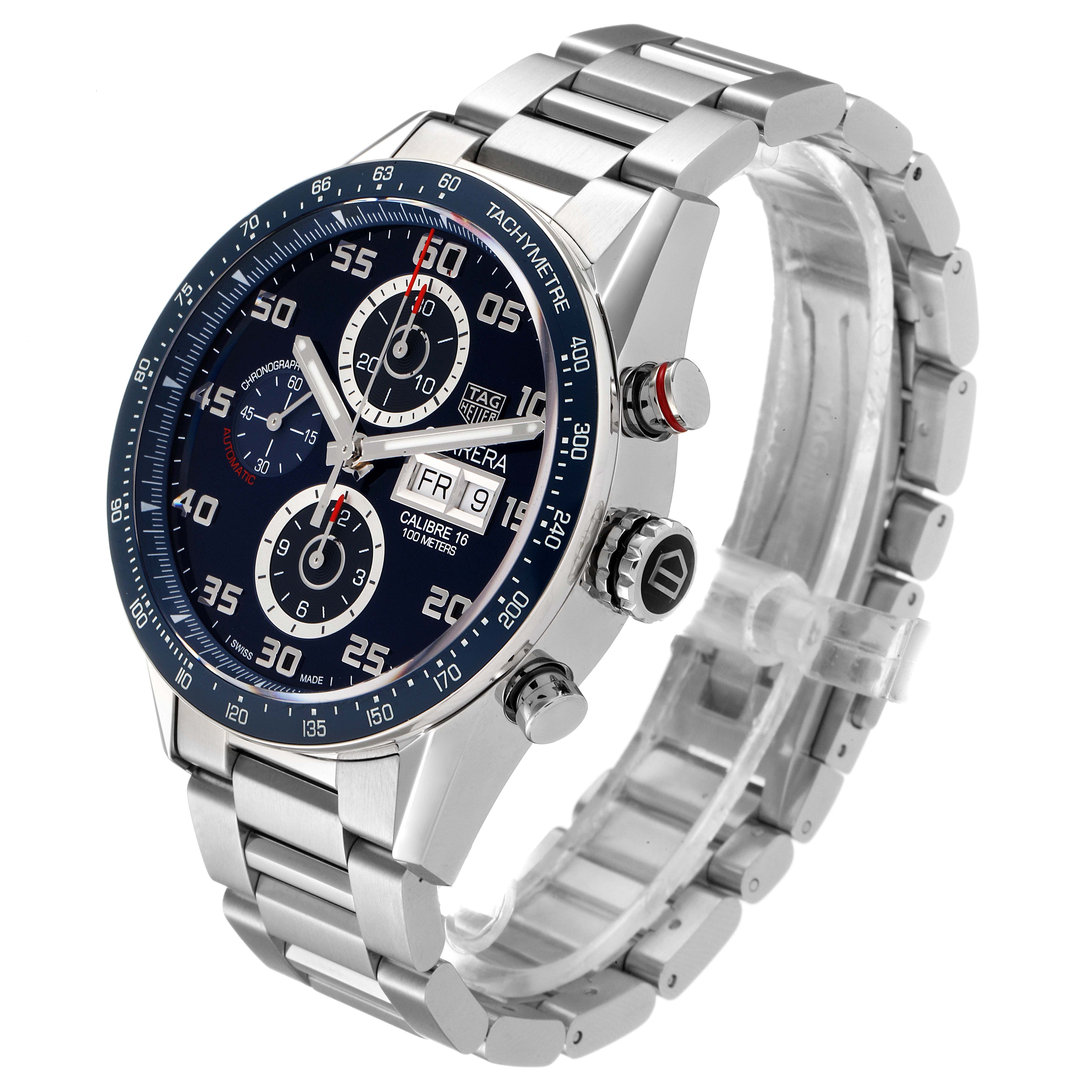 The image shows a front-side view of the Tag Heuer Carrera CV2A1V.BA0738 Men
s Stainless Steel Blue Dial CV2A1V.BA0738 Men
s Stainless Steel Blue Dial watch, featuring its dial, bezel, crown, and bracelet.