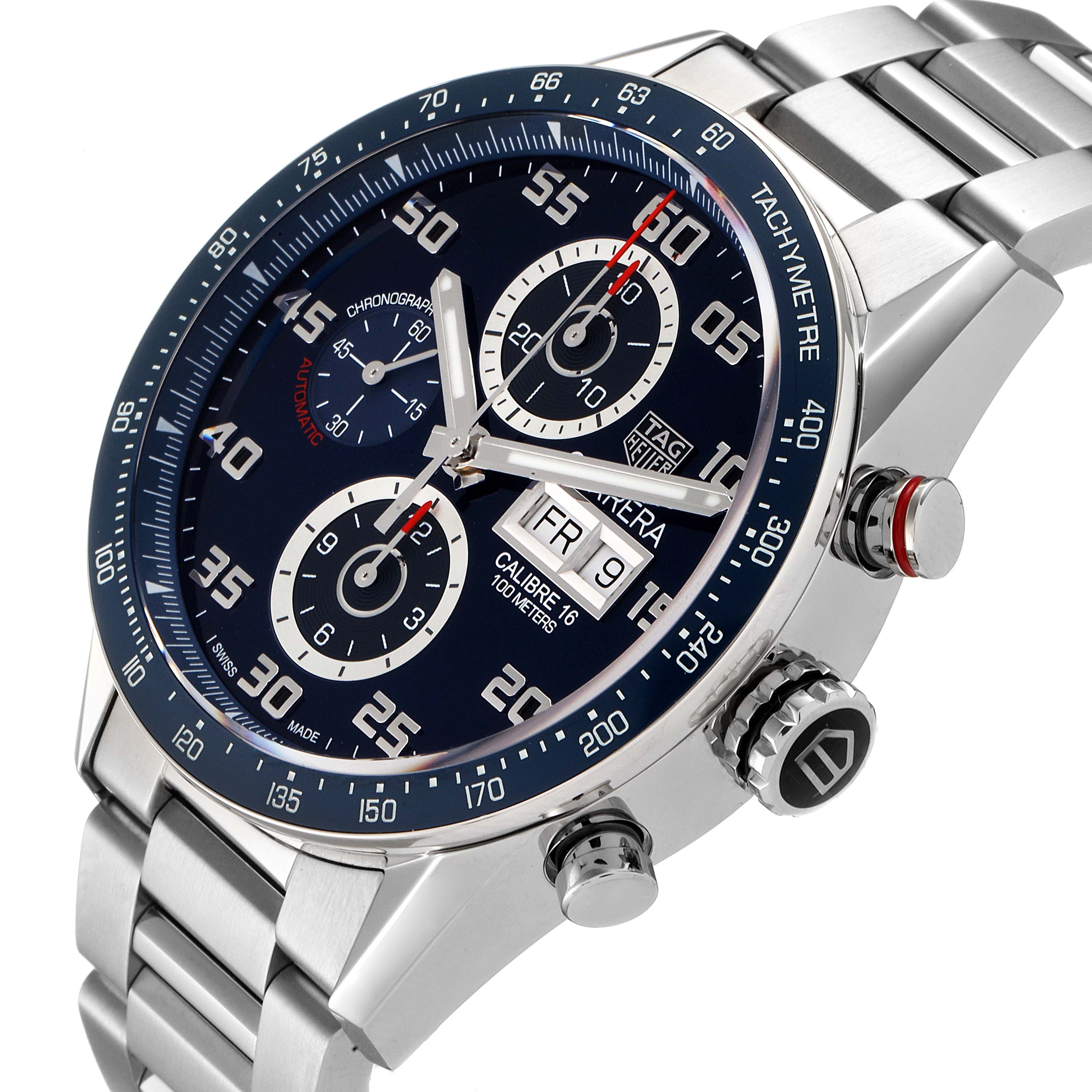 The Tag Heuer Carrera CV2A1V.BA0738 Men
s Stainless Steel Blue Dial CV2A1V.BA0738 Men
s Stainless Steel Blue Dial watch is shown at an angle, highlighting its dial, bezel, crown, pushers, and part of the bracelet.