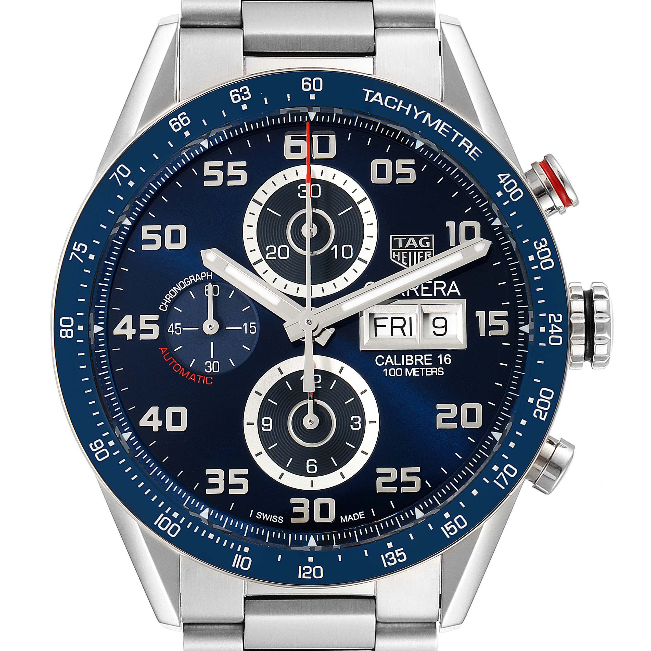 The image shows a front view of a Tag Heuer Carrera CV2A1V.BA0738 Men
s Stainless Steel Blue Dial CV2A1V.BA0738 Men
s Stainless Steel Blue Dial watch, highlighting the dial, subdials, date window, and tachymeter bezel.