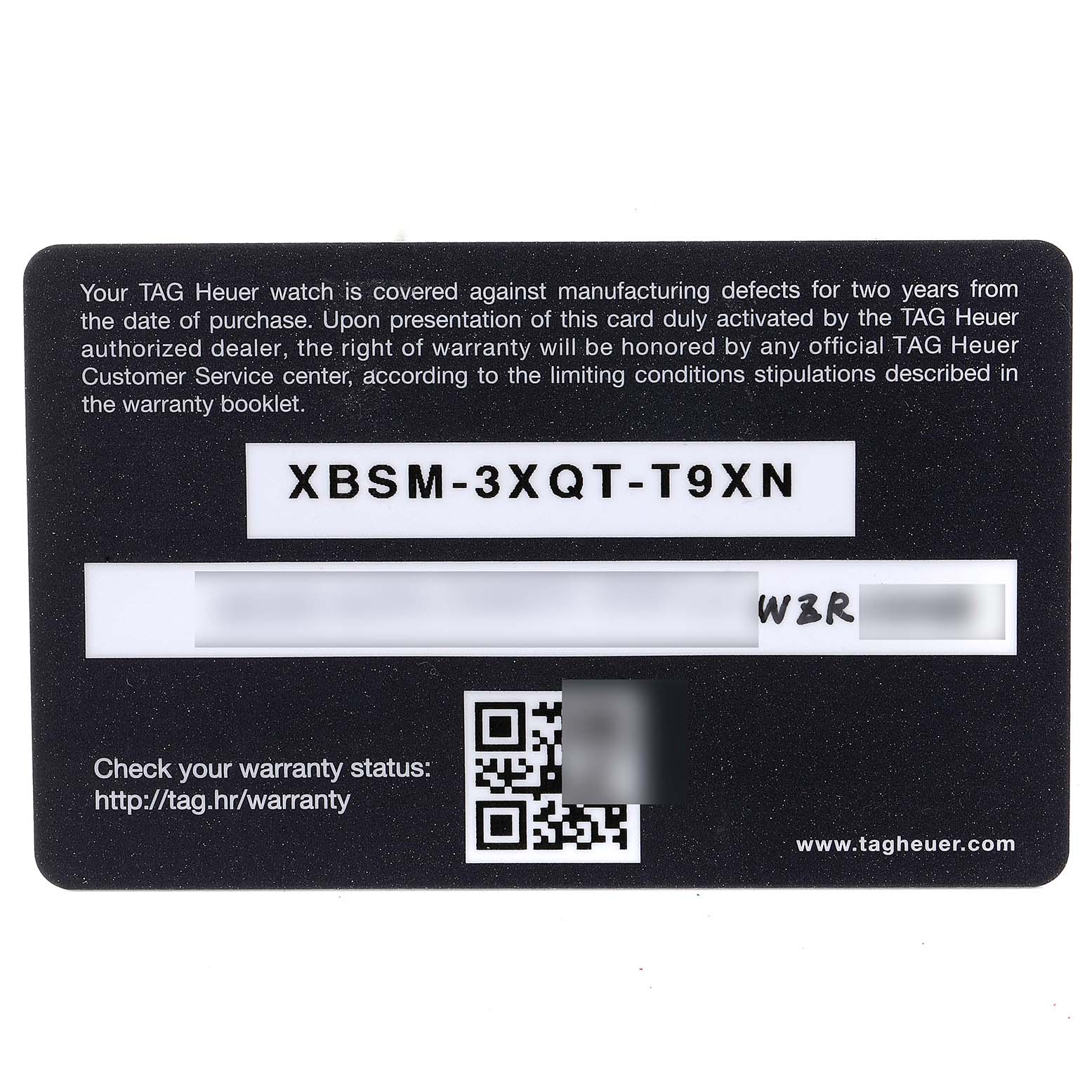 The image shows a Tag Heuer Carrera CV2A1V.BA0738 Men
s Stainless Steel Blue Dial CV2A1V.BA0738 Men
s Stainless Steel Blue Dial watch warranty card with warranty information and a QR code.