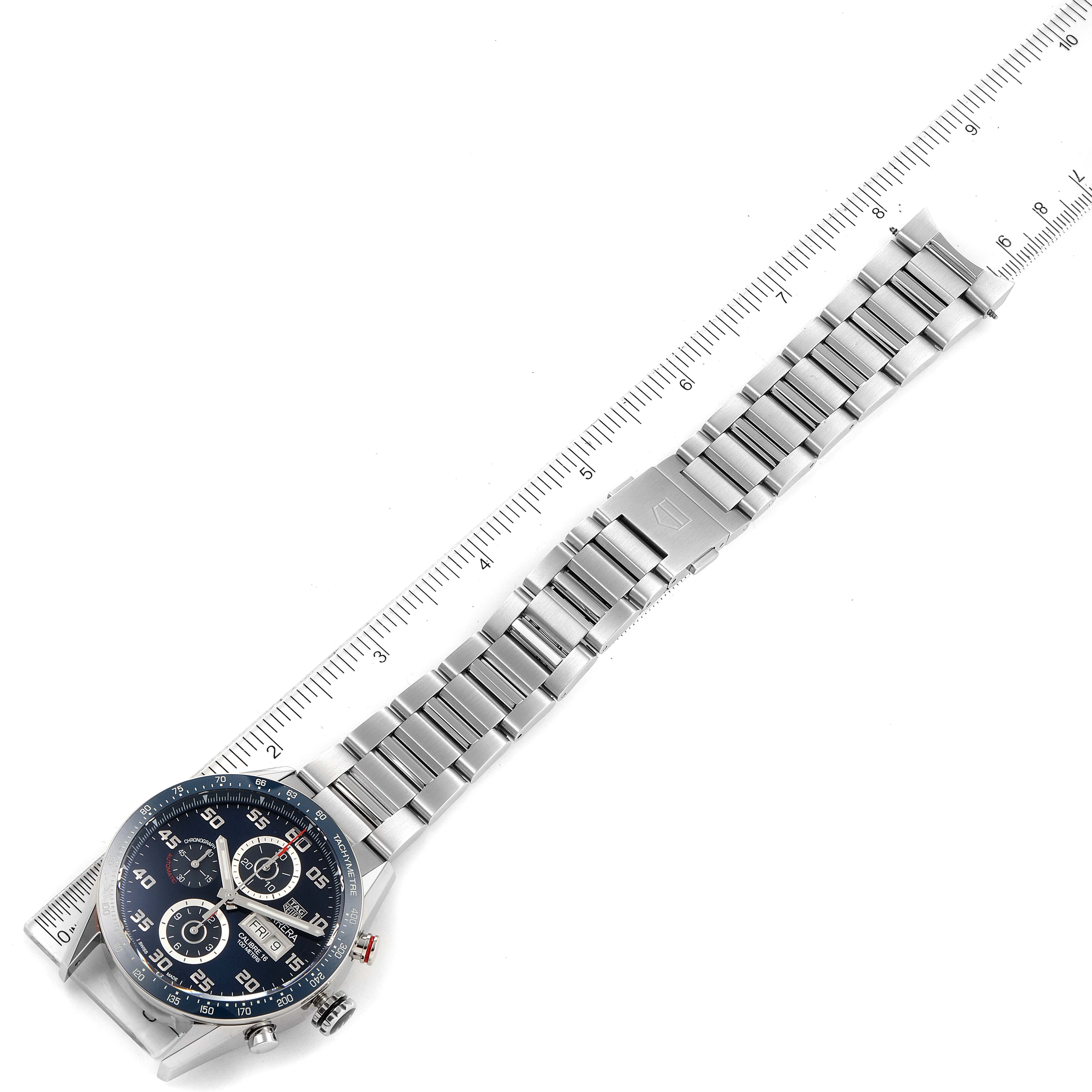 The image shows the dial, bezel, and stainless steel bracelet of a Tag Heuer Carrera CV2A1V.BA0738 Men
s Stainless Steel Blue Dial CV2A1V.BA0738 Men
s Stainless Steel Blue Dial watch, viewed from above at a slight angle.