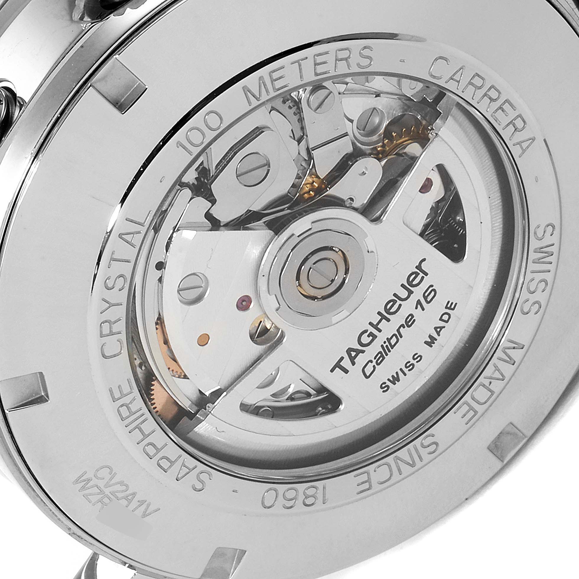 The image shows the back of a Tag Heuer Carrera CV2A1V.BA0738 Men
s Stainless Steel Blue Dial CV2A1V.BA0738 Men
s Stainless Steel Blue Dial watch, highlighting its Calibre 16 movement and internal mechanisms.