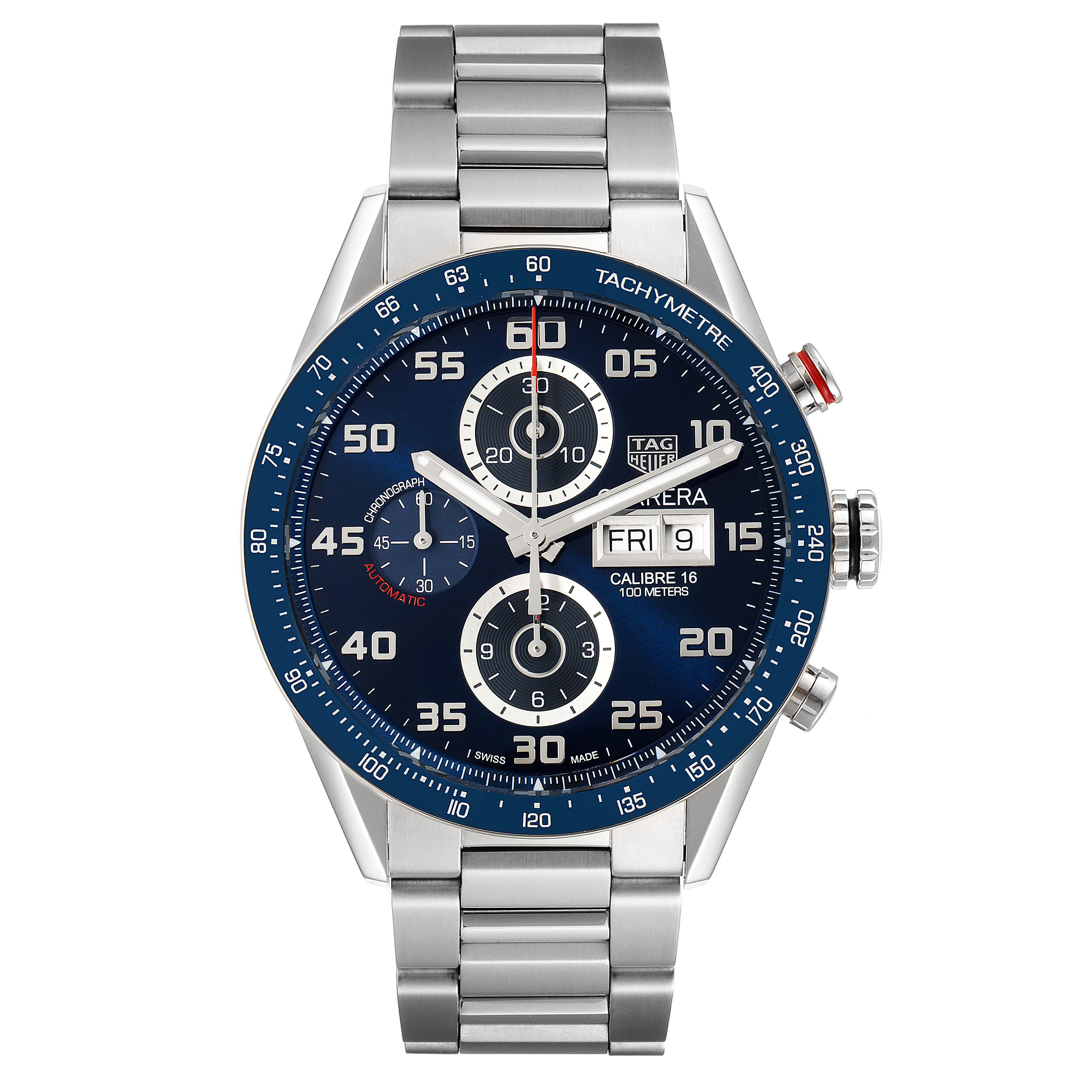 This image shows a front view of the Tag Heuer Carrera CV2A1V.BA0738 Men
s Stainless Steel Blue Dial CV2A1V.BA0738 Men
s Stainless Steel Blue Dial watch, featuring its dial, bezel, chronograph subdials, and metal bracelet.