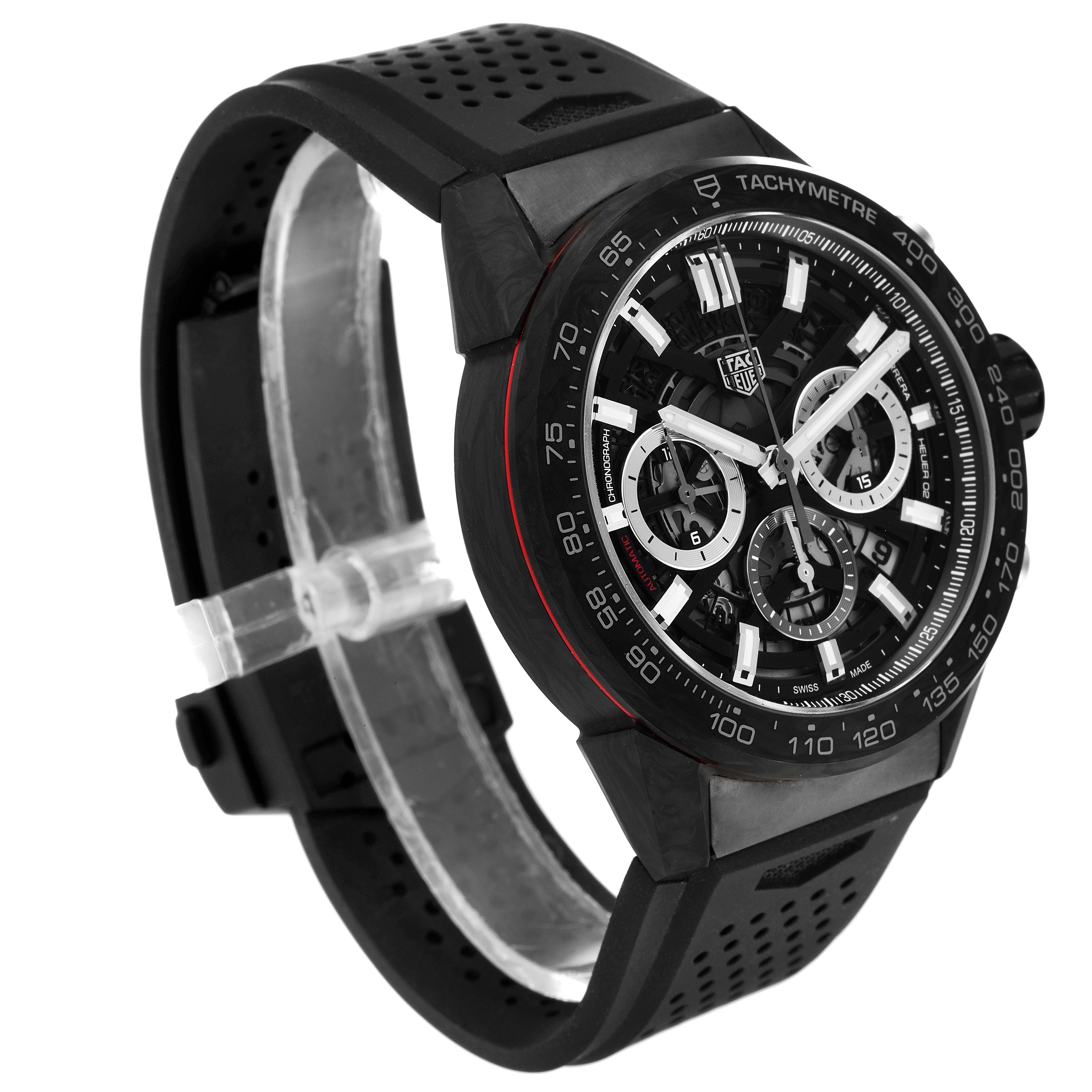 The Tag Heuer Carrera CBG2A91.FT6173 Men's Ceramic Black Dial CBG2A91.FT6173 Men's Ceramic Black Dial watch is shown at a slight angle, highlighting its tachymetre bezel, chronograph dials, and black rubber strap.