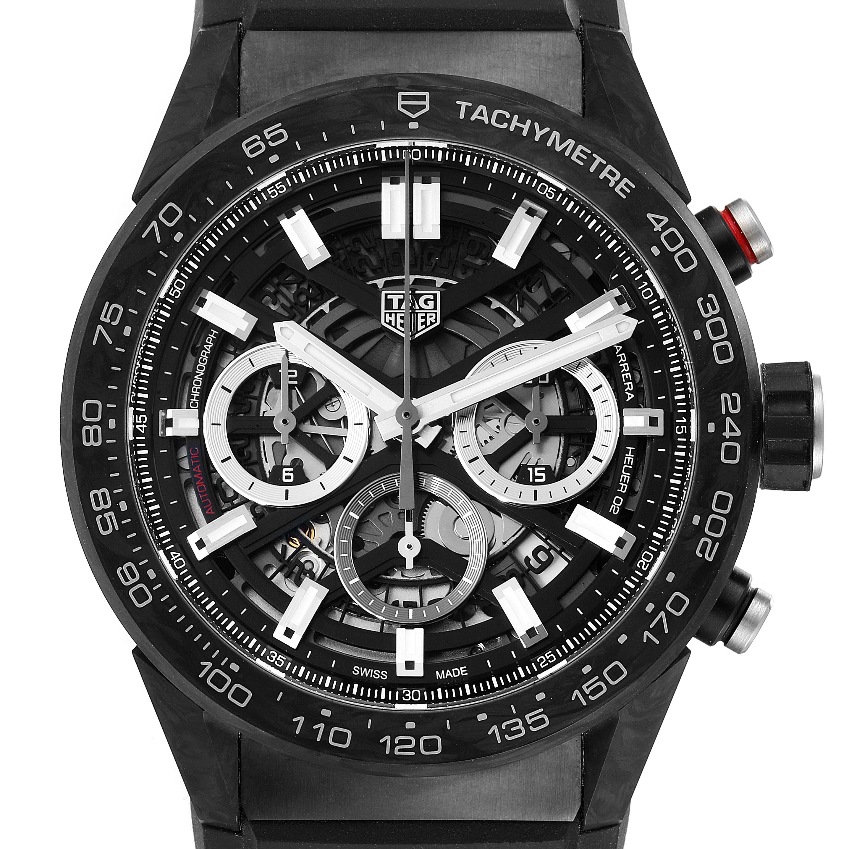 The Tag Heuer Carrera CBG2A91.FT6173 Men's Ceramic Black Dial CBG2A91.FT6173 Men's Ceramic Black Dial watch is shown from a frontal angle, highlighting the dial, tachymeter, and chronograph features.
