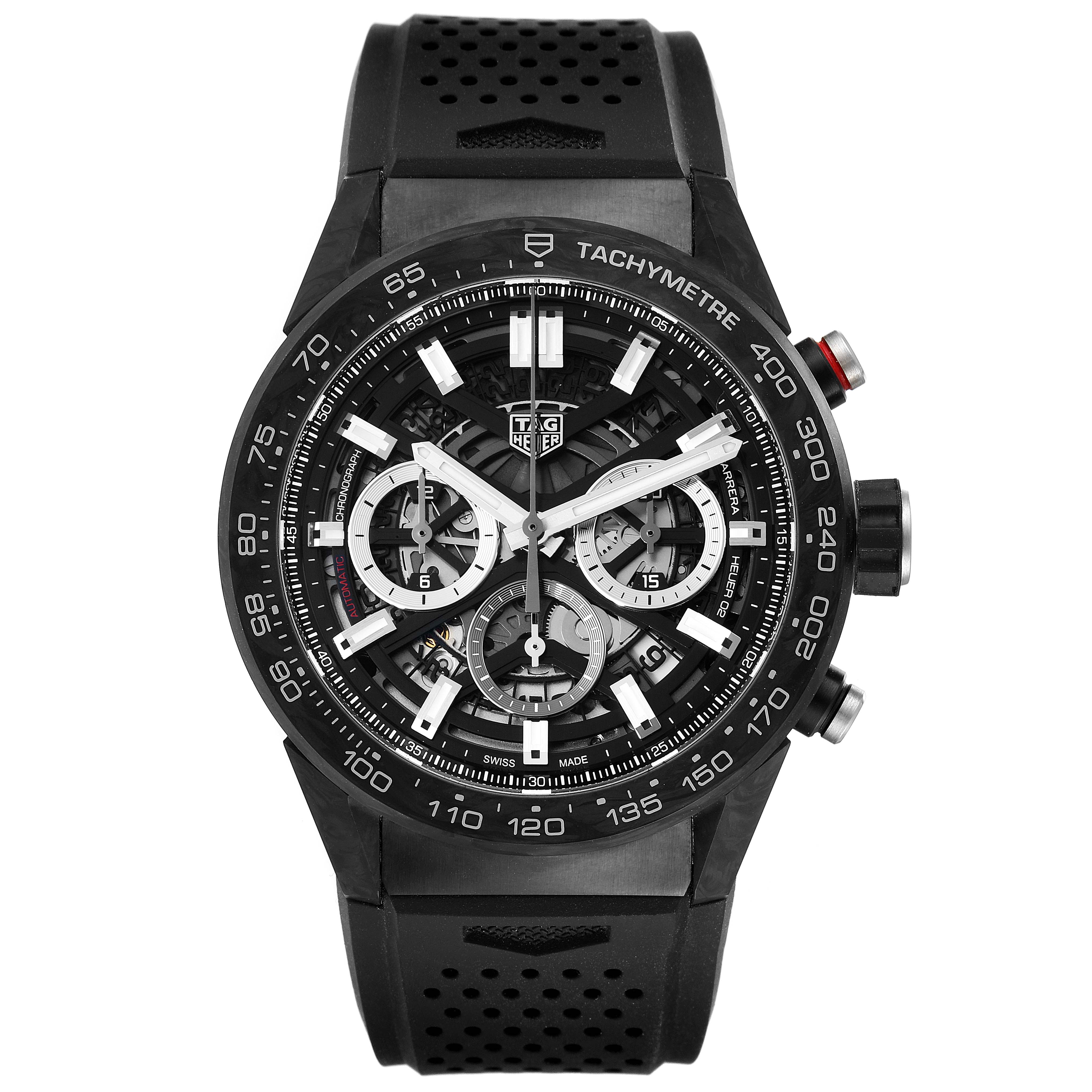 The image shows a frontal view of the Tag Heuer Carrera CBG2A91.FT6173 Men's Ceramic Black Dial CBG2A91.FT6173 Men's Ceramic Black Dial watch, highlighting its dial, tachymeter bezel, and chronograph subdials.