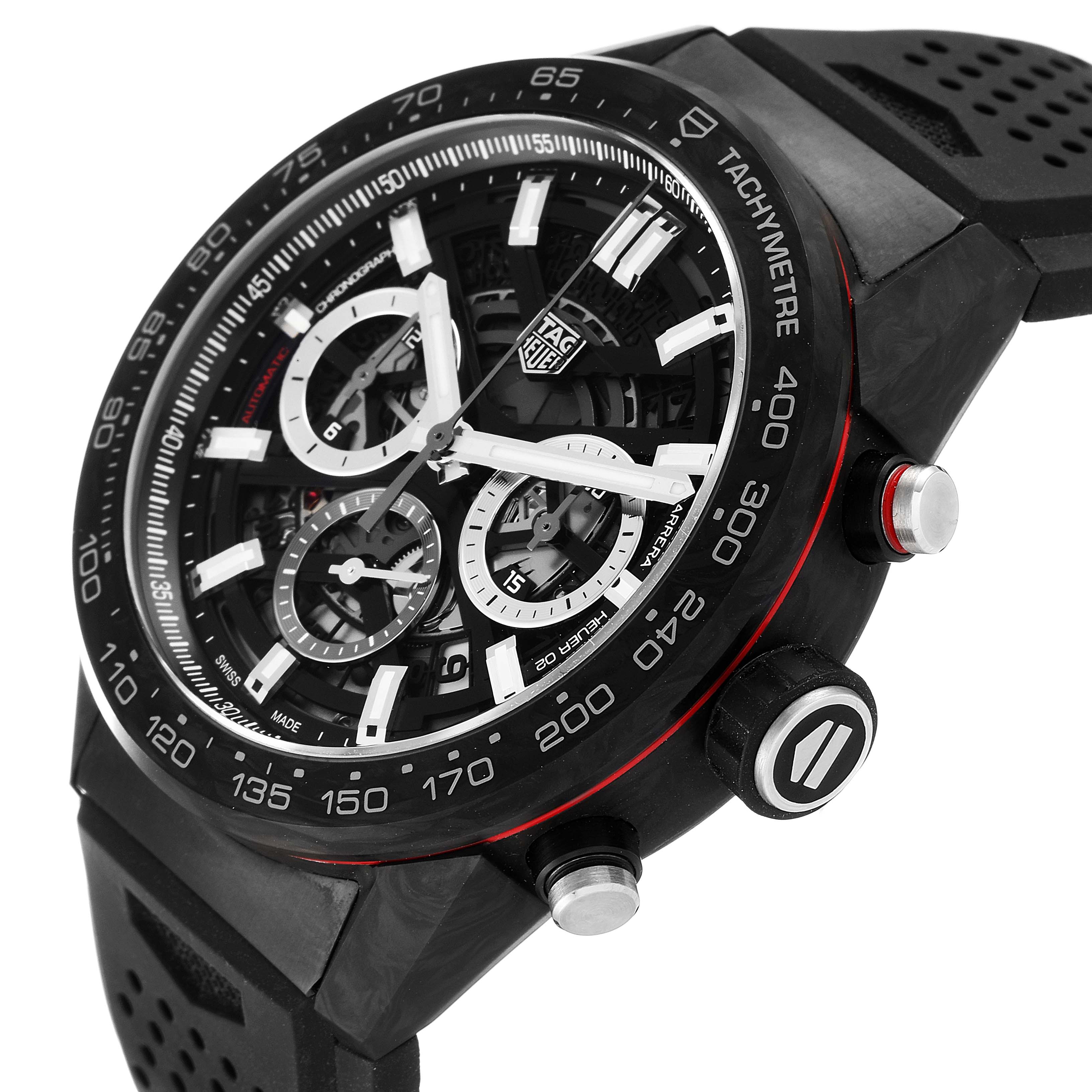 The image shows a side angled view of a Tag Heuer Carrera CBG2A91.FT6173 Men's Ceramic Black Dial CBG2A91.FT6173 Men's Ceramic Black Dial watch, featuring the bezel, dial, crown, and pushers.