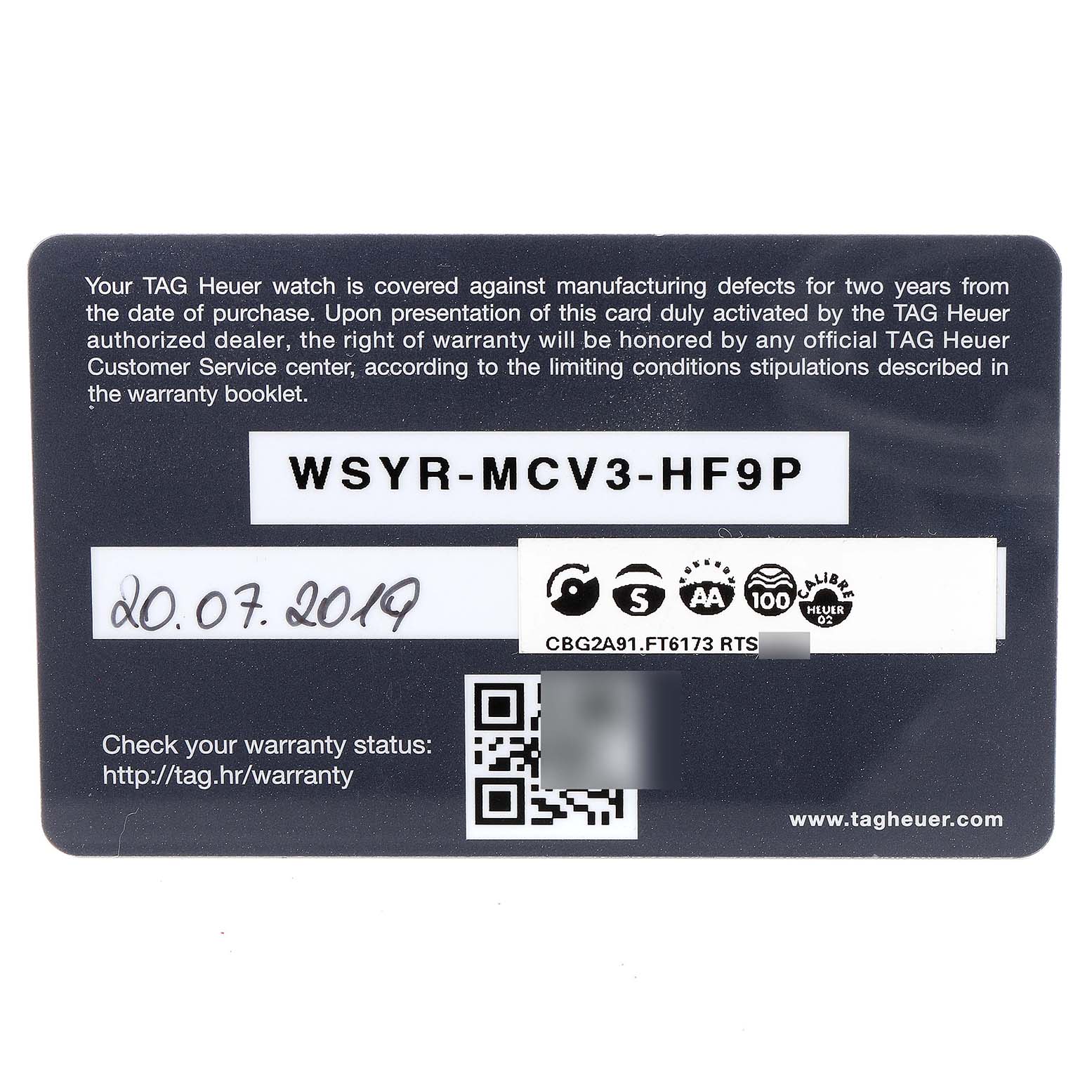 The image shows the warranty card for a Tag Heuer Carrera CBG2A91.FT6173 Men's Ceramic Black Dial CBG2A91.FT6173 Men's Ceramic Black Dial model watch.