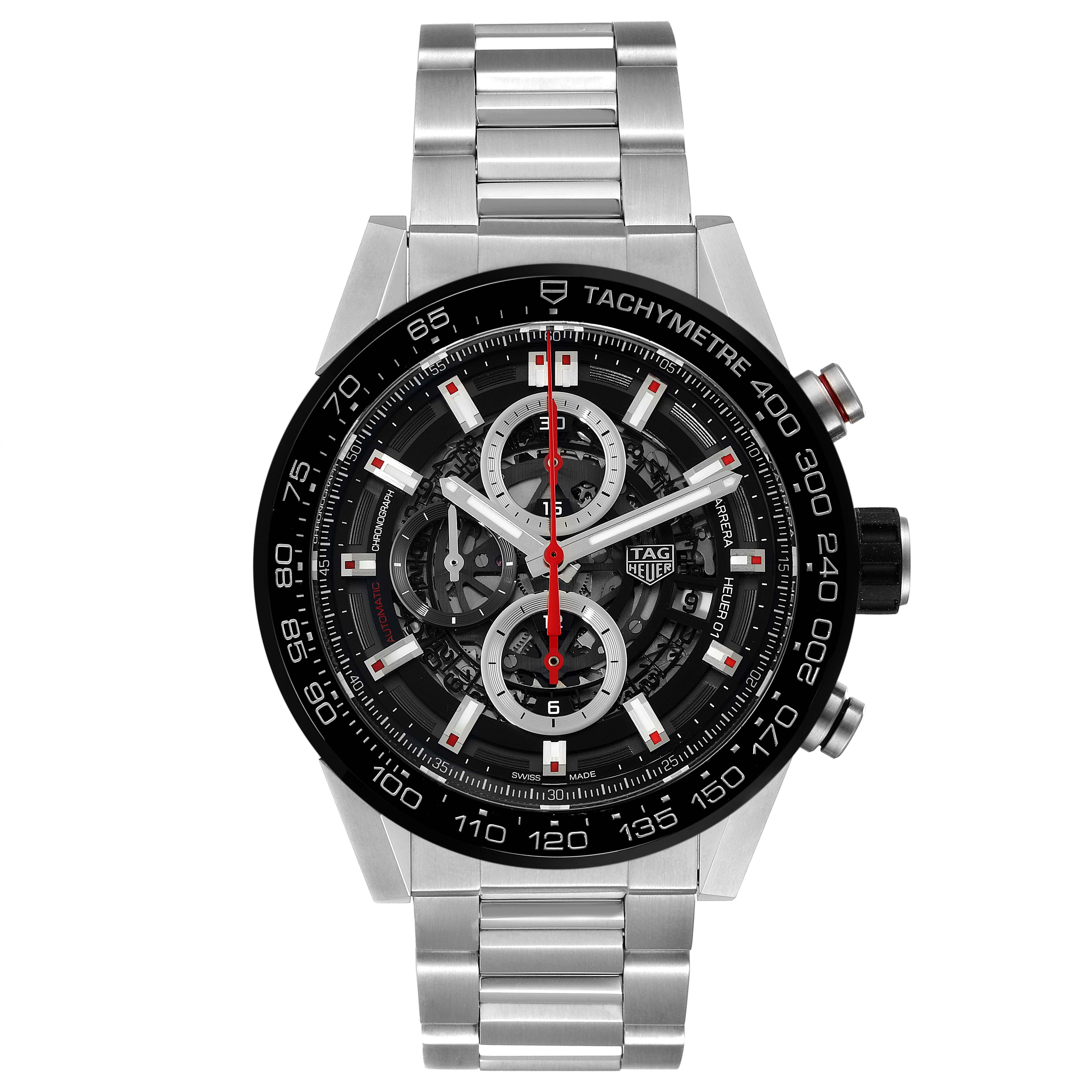 The image shows a front view of the Tag Heuer Carrera CAR2A1W.BA0703 Men's Stainless Steel Transparent Dial CAR2A1W.BA0703 Men's Stainless Steel Transparent Dial model watch, highlighting its face, dial, and metal bracelet.