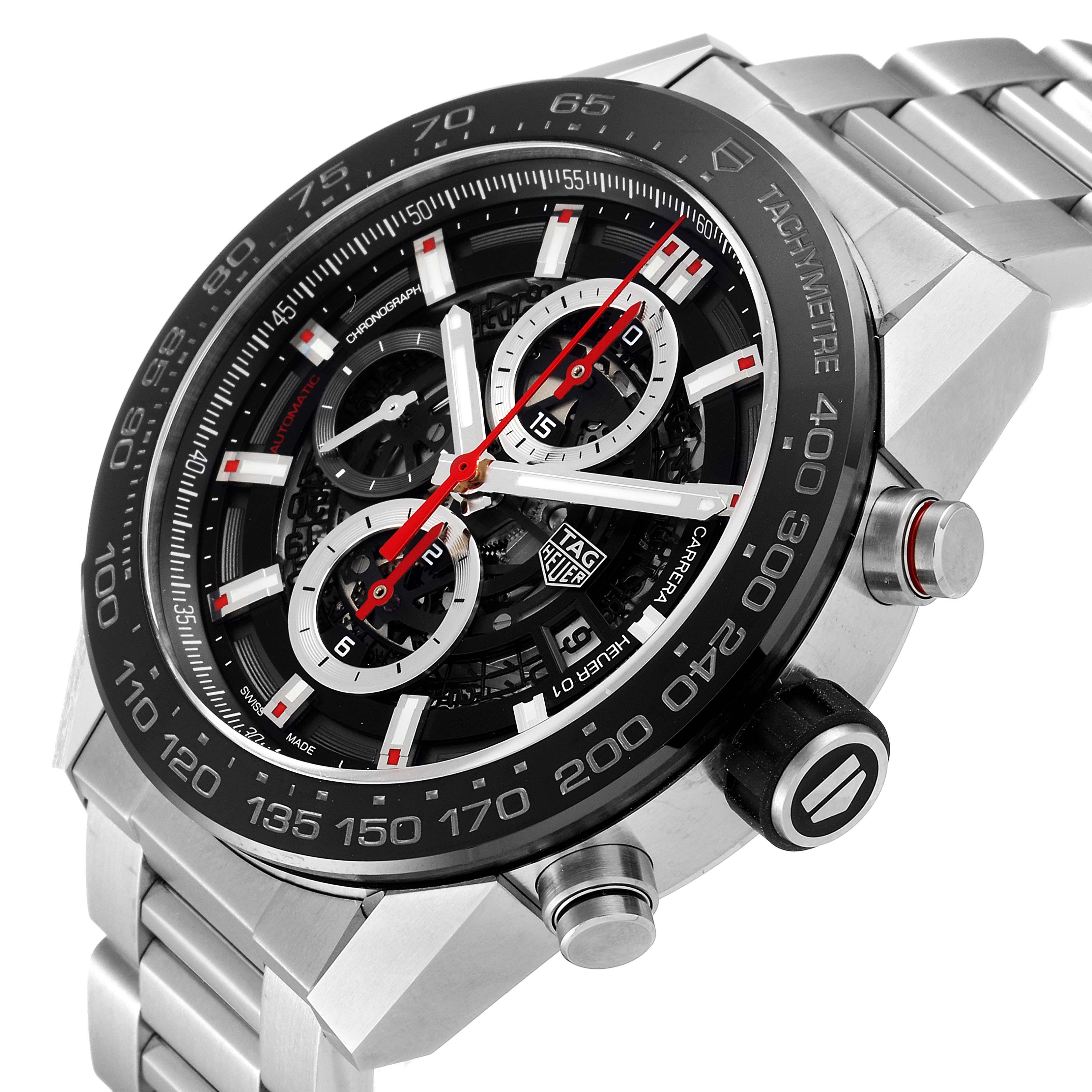 This Tag Heuer Carrera CAR2A1W.BA0703 Men's Stainless Steel Transparent Dial CAR2A1W.BA0703 Men's Stainless Steel Transparent Dial watch is shown at a three-quarter angle highlighting its bezel, dial, chronograph, and pushers.