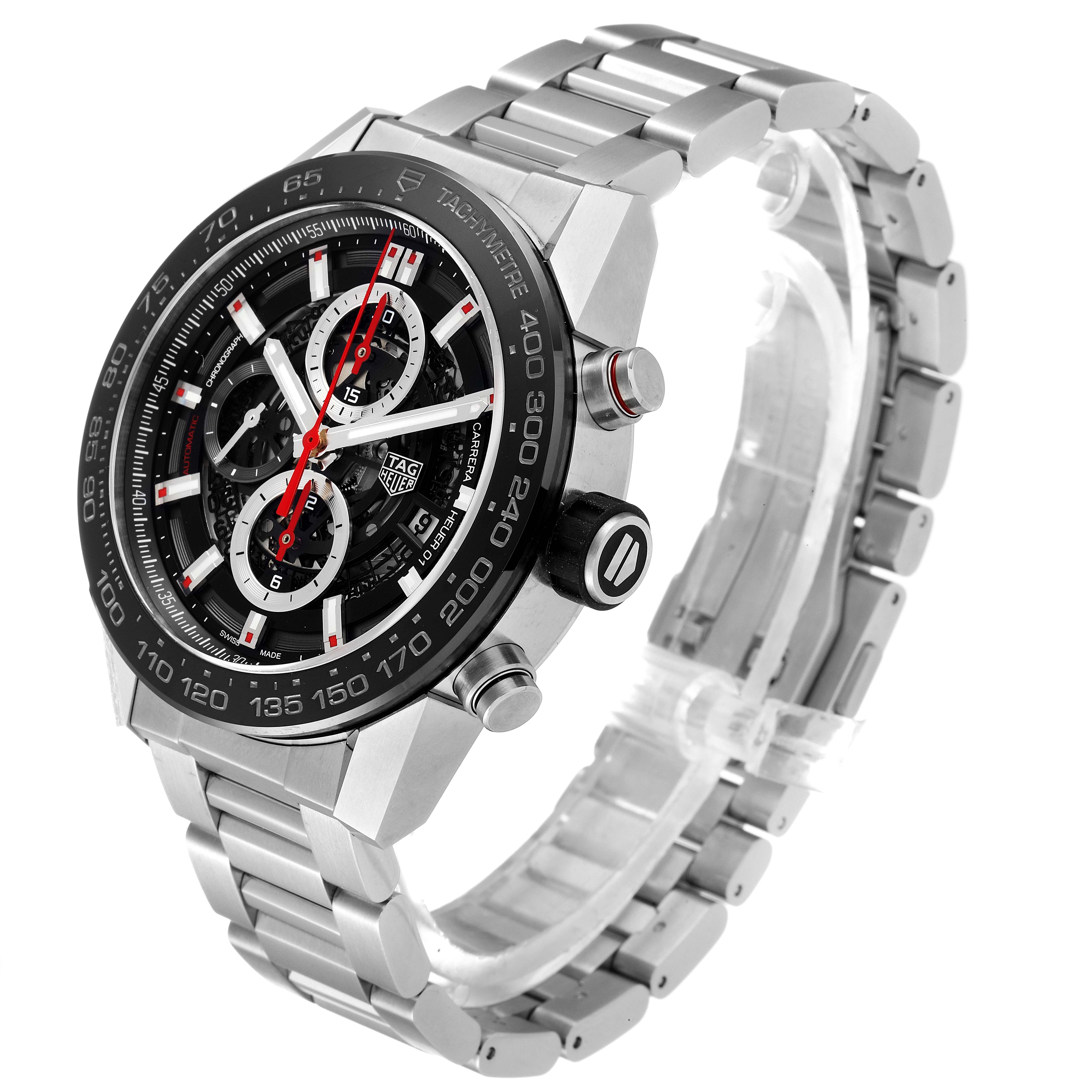 This image shows a side and top angle of the Tag Heuer Carrera CAR2A1W.BA0703 Men's Stainless Steel Transparent Dial CAR2A1W.BA0703 Men's Stainless Steel Transparent Dial watch, highlighting its face, bezel, pushers, and bracelet.