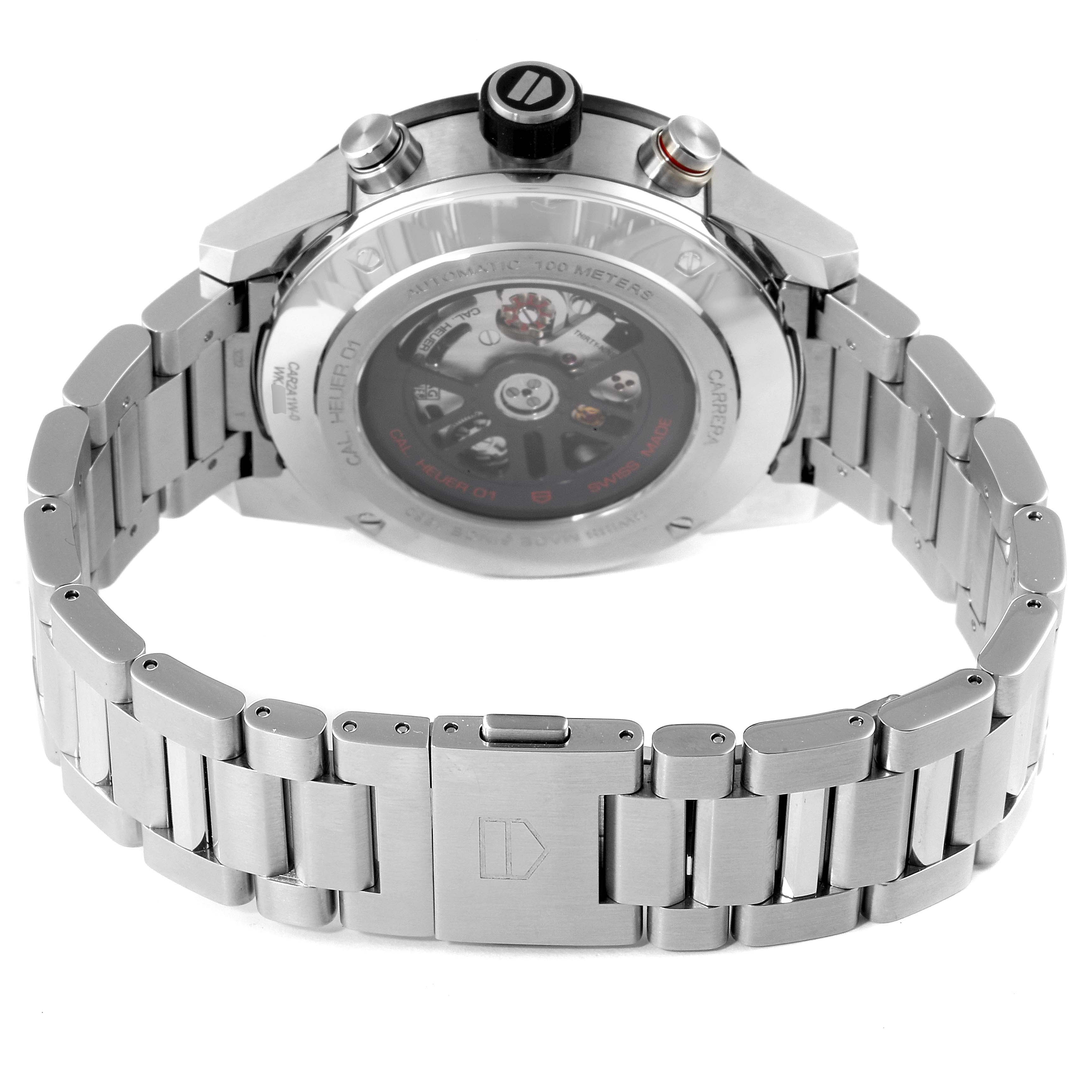 This image shows the back case and stainless steel bracelet of the Tag Heuer Carrera CAR2A1W.BA0703 Men's Stainless Steel Transparent Dial CAR2A1W.BA0703 Men's Stainless Steel Transparent Dial watch at an angled rear view.