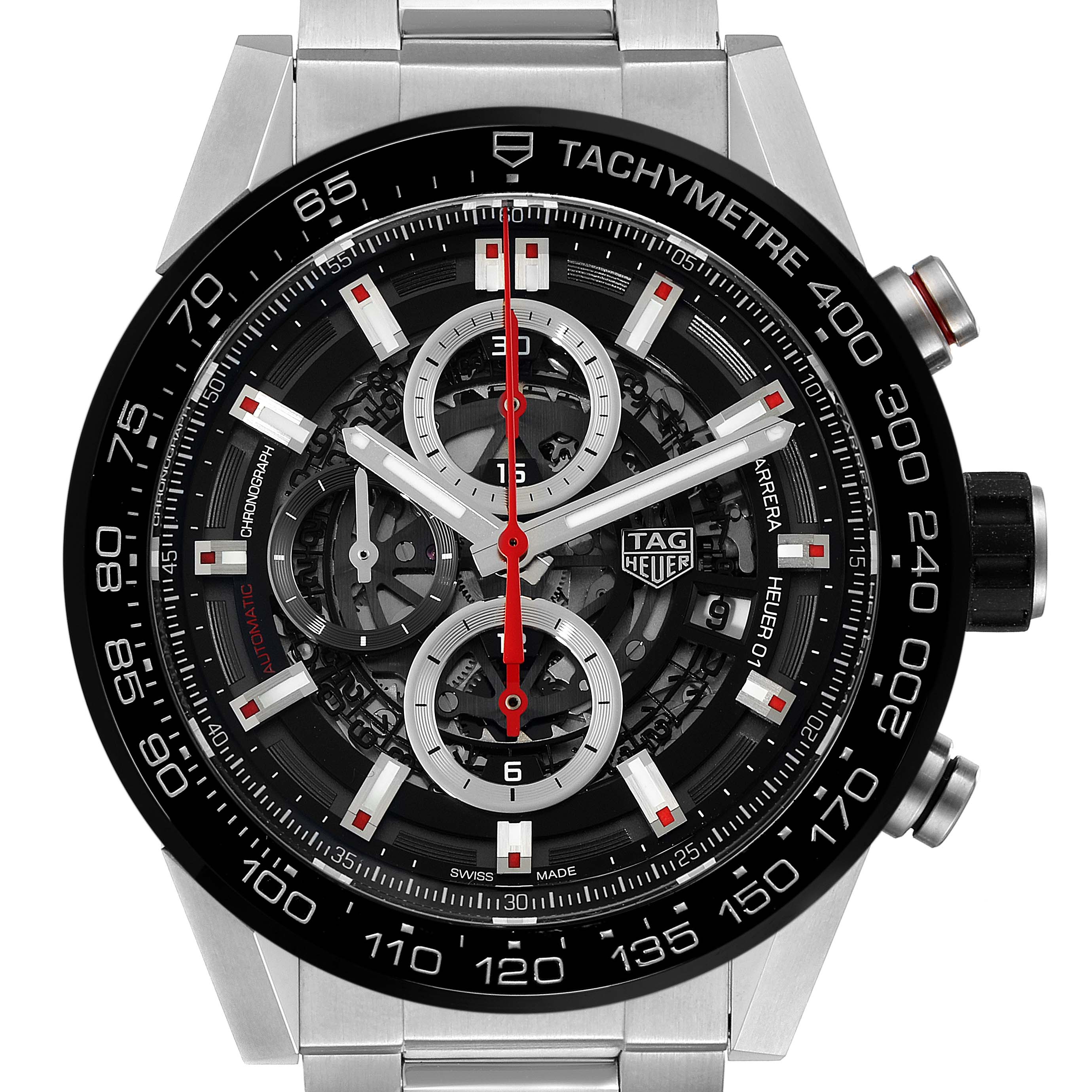 The image shows a frontal view of the Tag Heuer Carrera CAR2A1W.BA0703 Men's Stainless Steel Transparent Dial CAR2A1W.BA0703 Men's Stainless Steel Transparent Dial model watch, highlighting the tachymeter bezel, chronograph subdials, and the bracelet.