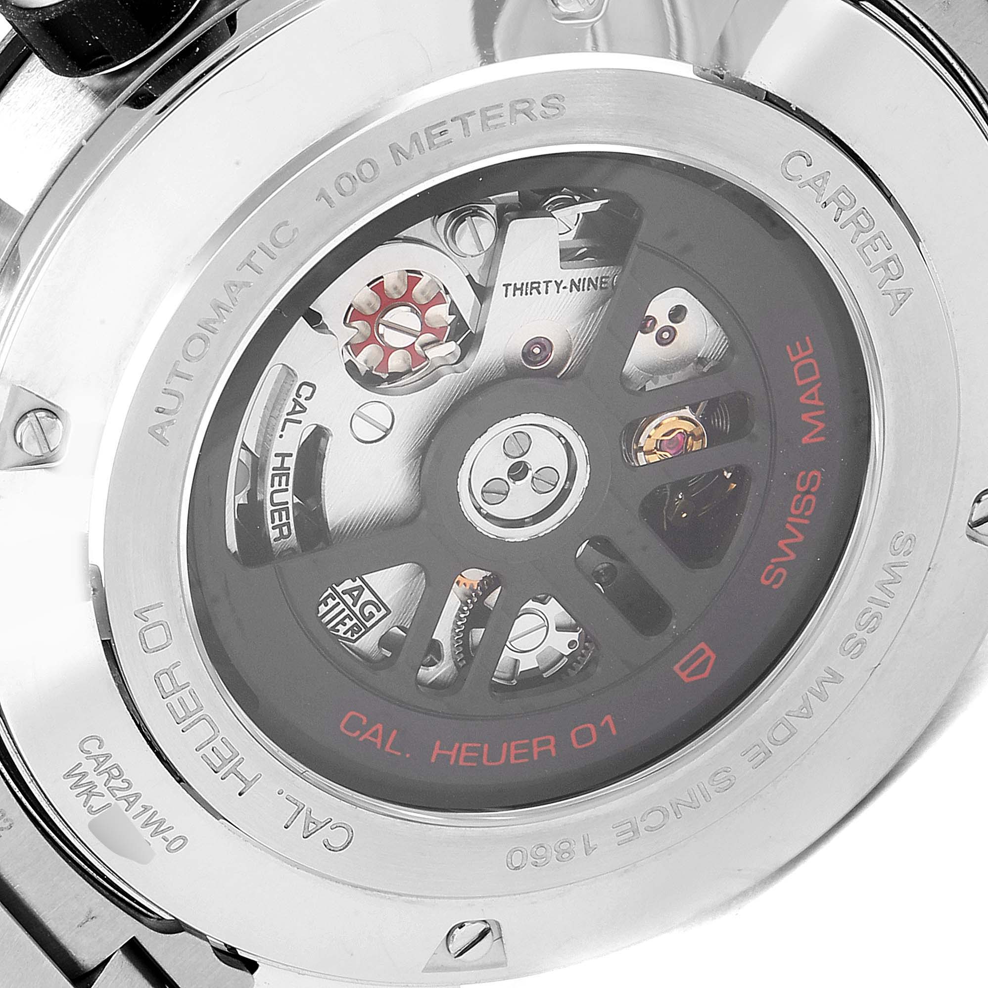 The image shows the back view or caseback of the Tag Heuer Carrera CAR2A1W.BA0703 Men's Stainless Steel Transparent Dial CAR2A1W.BA0703 Men's Stainless Steel Transparent Dial watch, displaying its automatic movement mechanics.