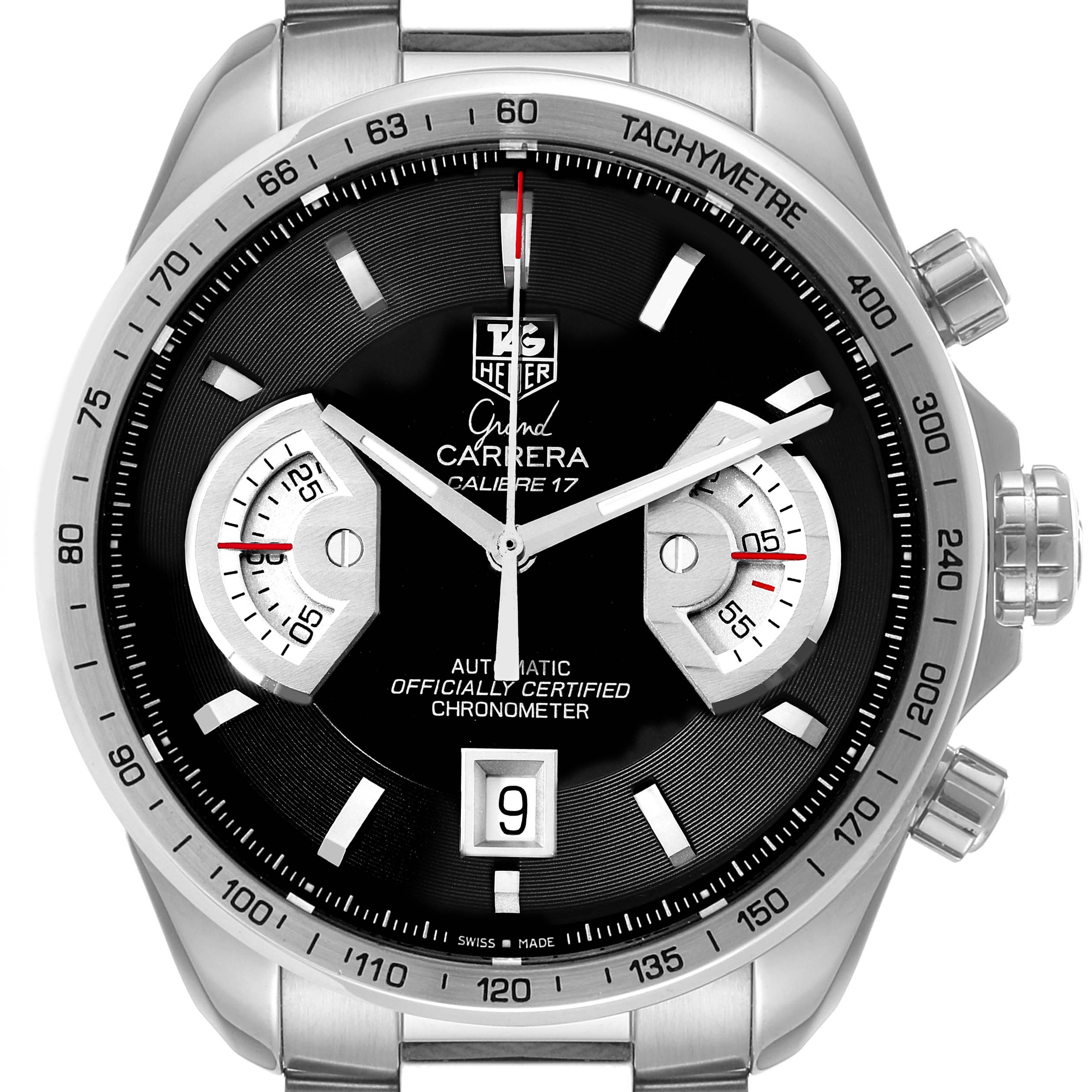 The image shows a close-up of the Tag Heuer Carrera CAV511G Men's Stainless Steel Black Dial CAV511G Men's Stainless Steel Black Dial watch face, focusing on the dial, sub-dials, and tachymeter.