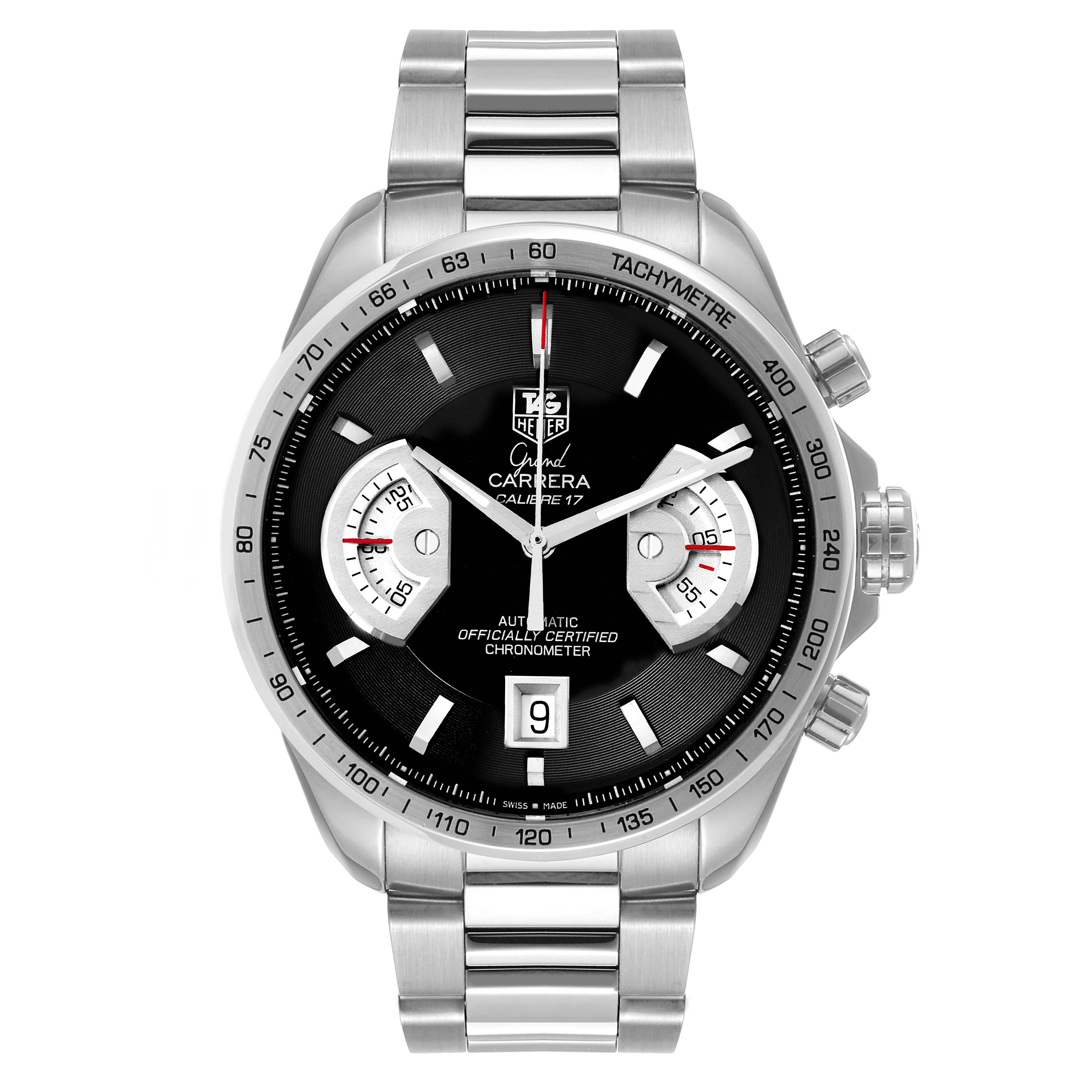 The image shows a Tag Heuer Carrera CAV511G Men's Stainless Steel Black Dial CAV511G Men's Stainless Steel Black Dial watch from a front view, highlighting the face, dial, and stainless steel bracelet.