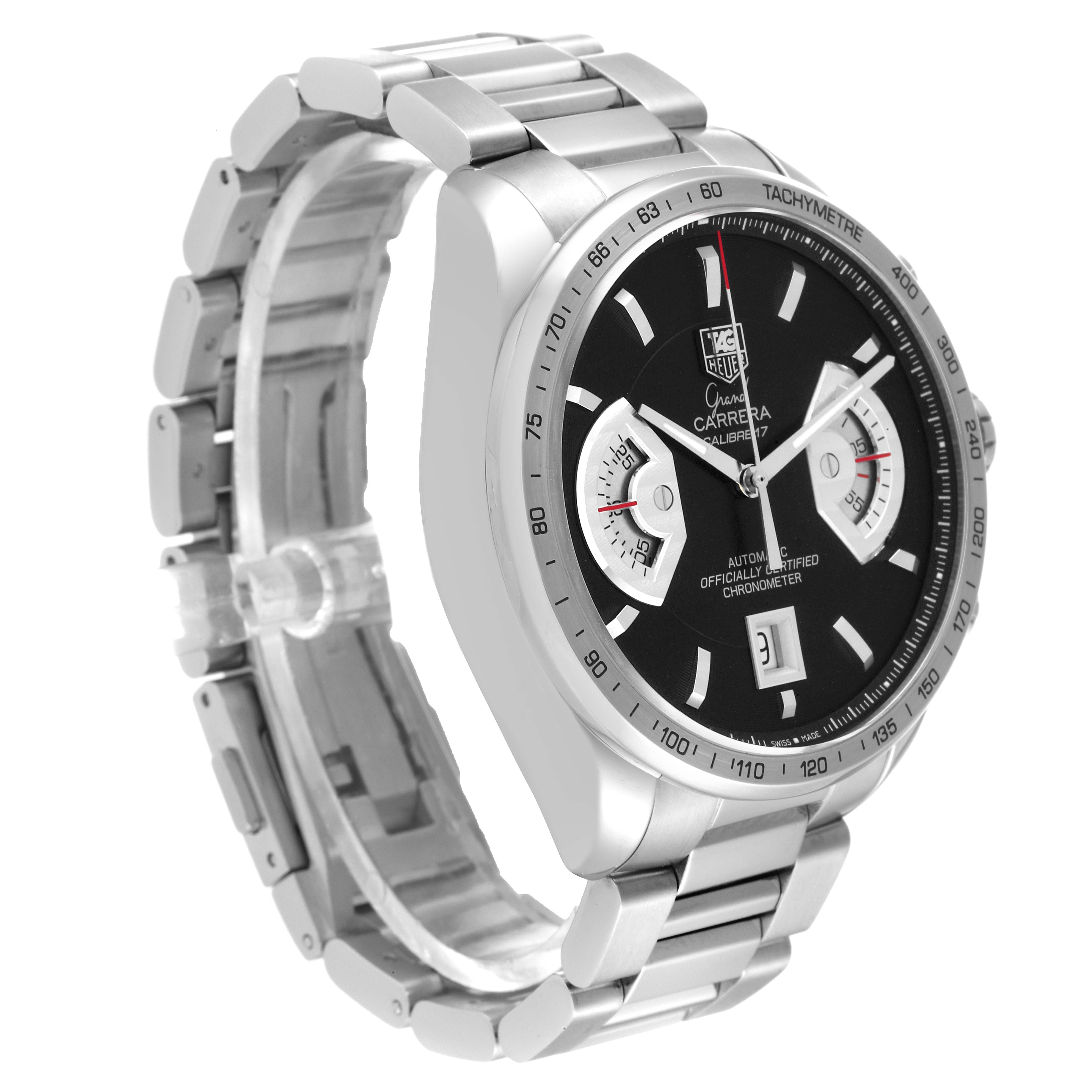 The Tag Heuer Carrera CAV511G Men's Stainless Steel Black Dial CAV511G Men's Stainless Steel Black Dial watch is shown at a three-quarter angle displaying its face, case, and metal bracelet.