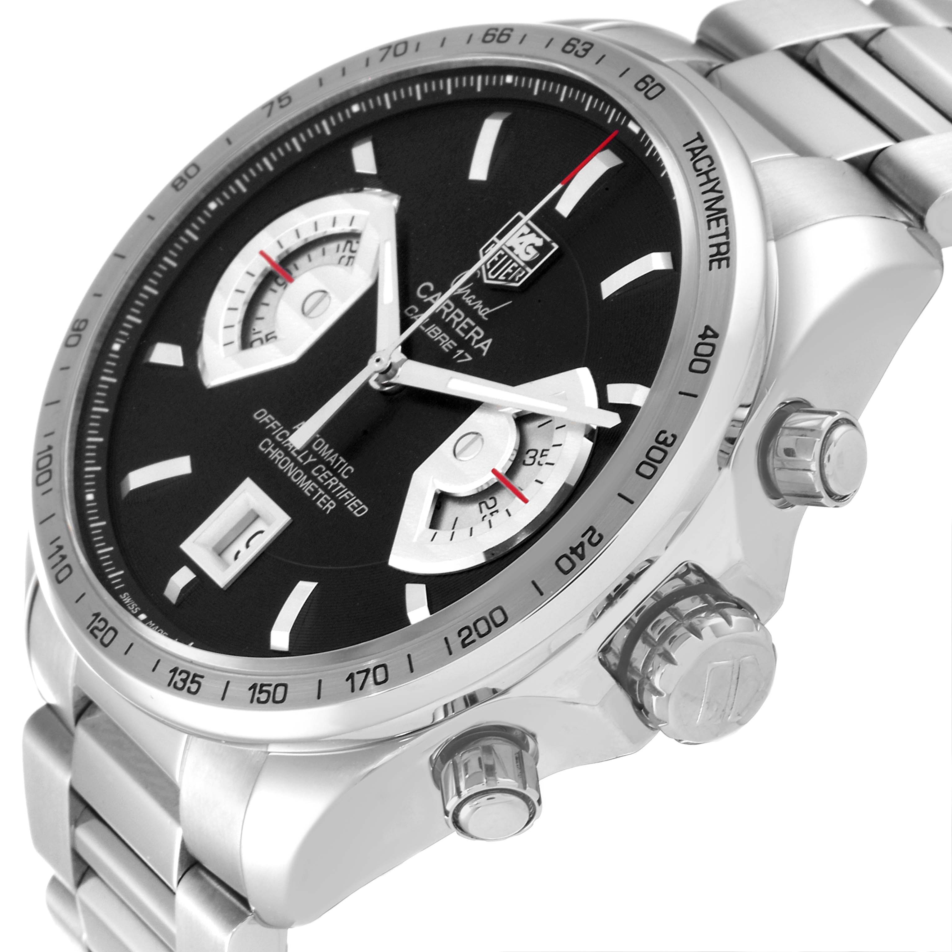 The image shows a side view of the Tag Heuer Carrera CAV511G Men's Stainless Steel Black Dial CAV511G Men's Stainless Steel Black Dial watch, highlighting the crown, pushers, dial, and part of the bracelet.
