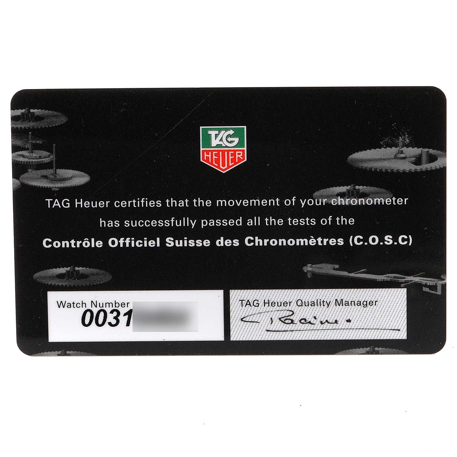 This is an official TAG Heuer certification card for the Monaco model, confirming it passed the COSC tests.