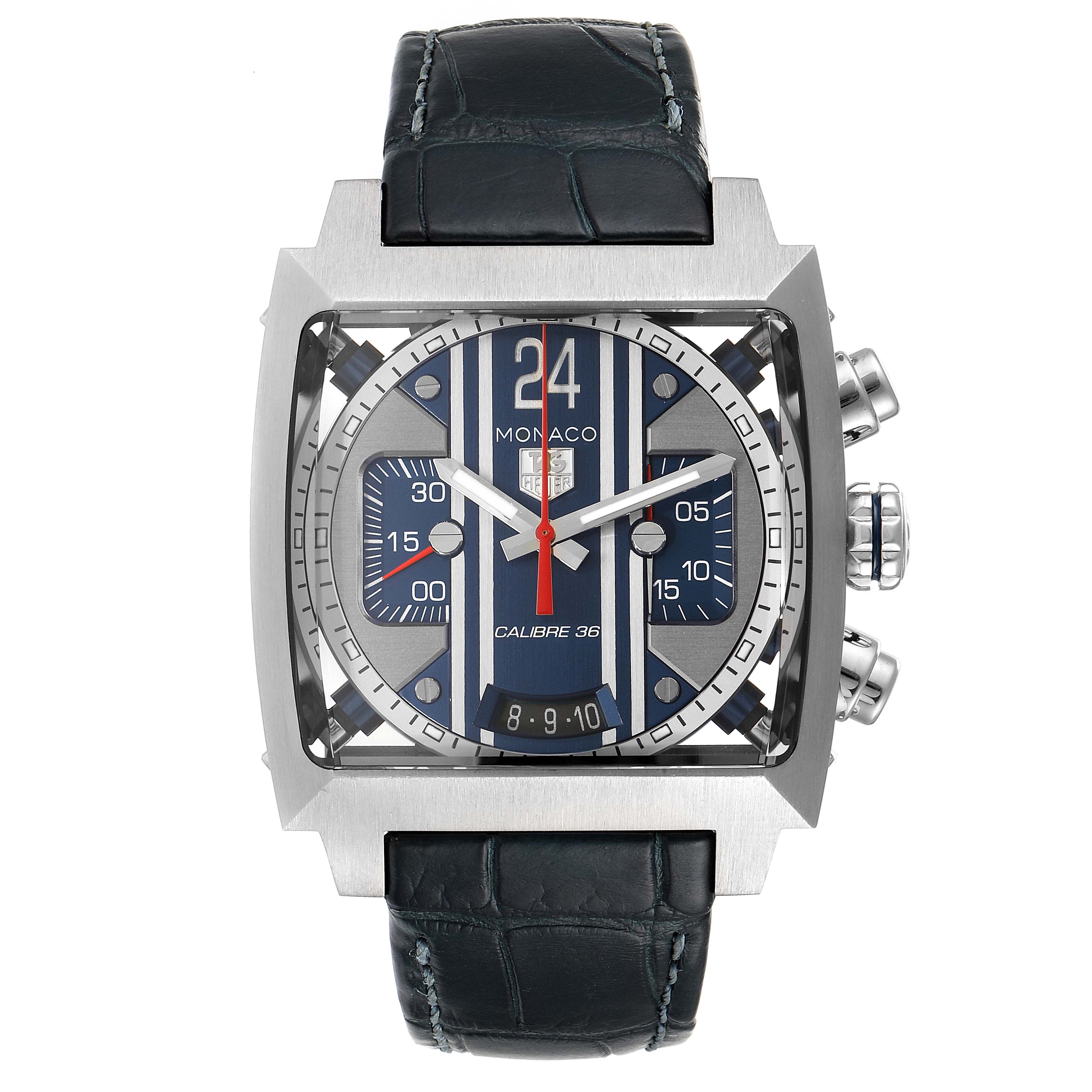 This image shows a front view of the Tag Heuer Monaco CAL5111.FC6299 Men
s Stainless Steel Blue Dial CAL5111.FC6299 Men
s Stainless Steel Blue Dial watch, displaying its square face, dial, and chronograph pushers.