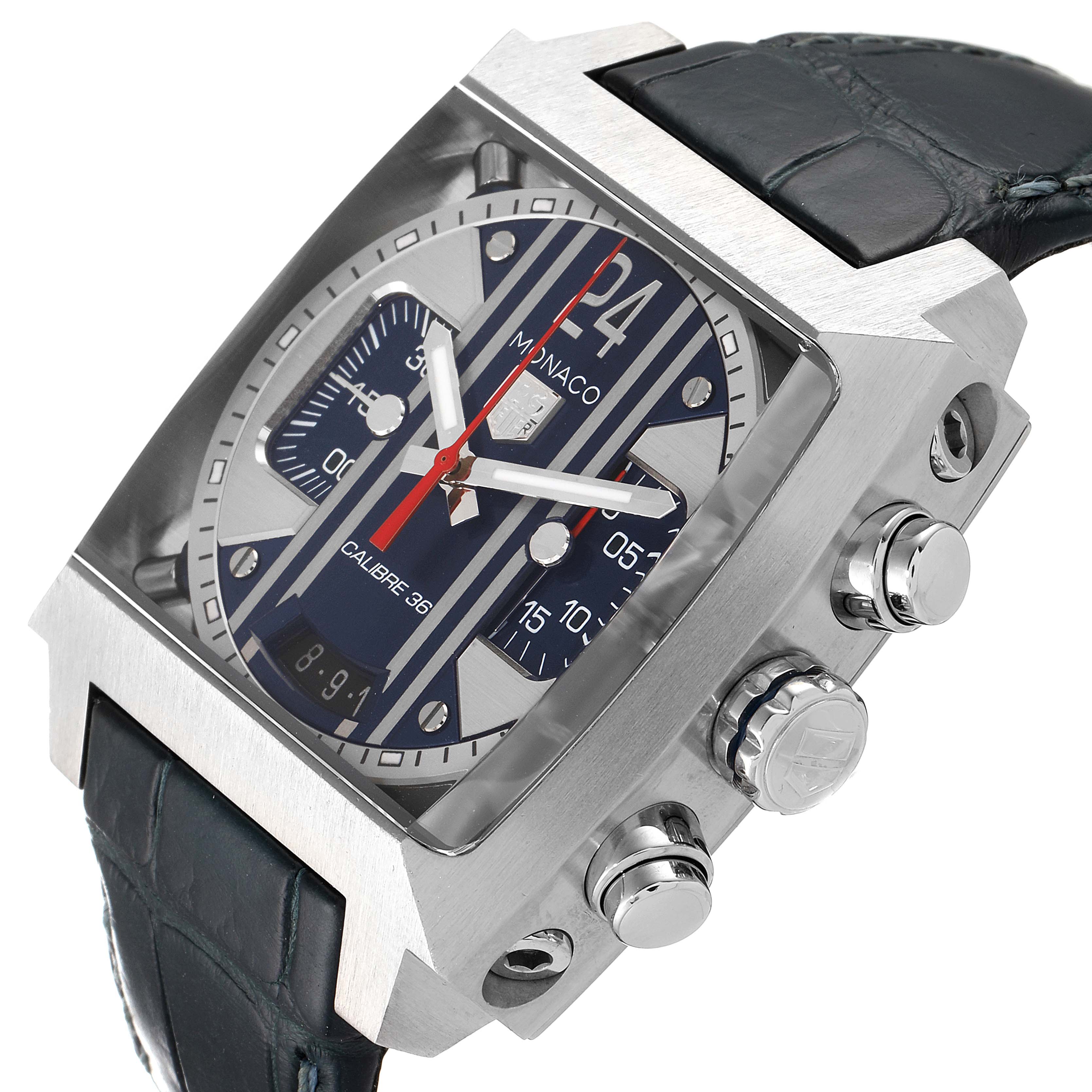 The image shows a Tag Heuer Monaco CAL5111.FC6299 Men
s Stainless Steel Blue Dial CAL5111.FC6299 Men
s Stainless Steel Blue Dial watch from a three-quarter angle, highlighting the dial, case, and side buttons.
