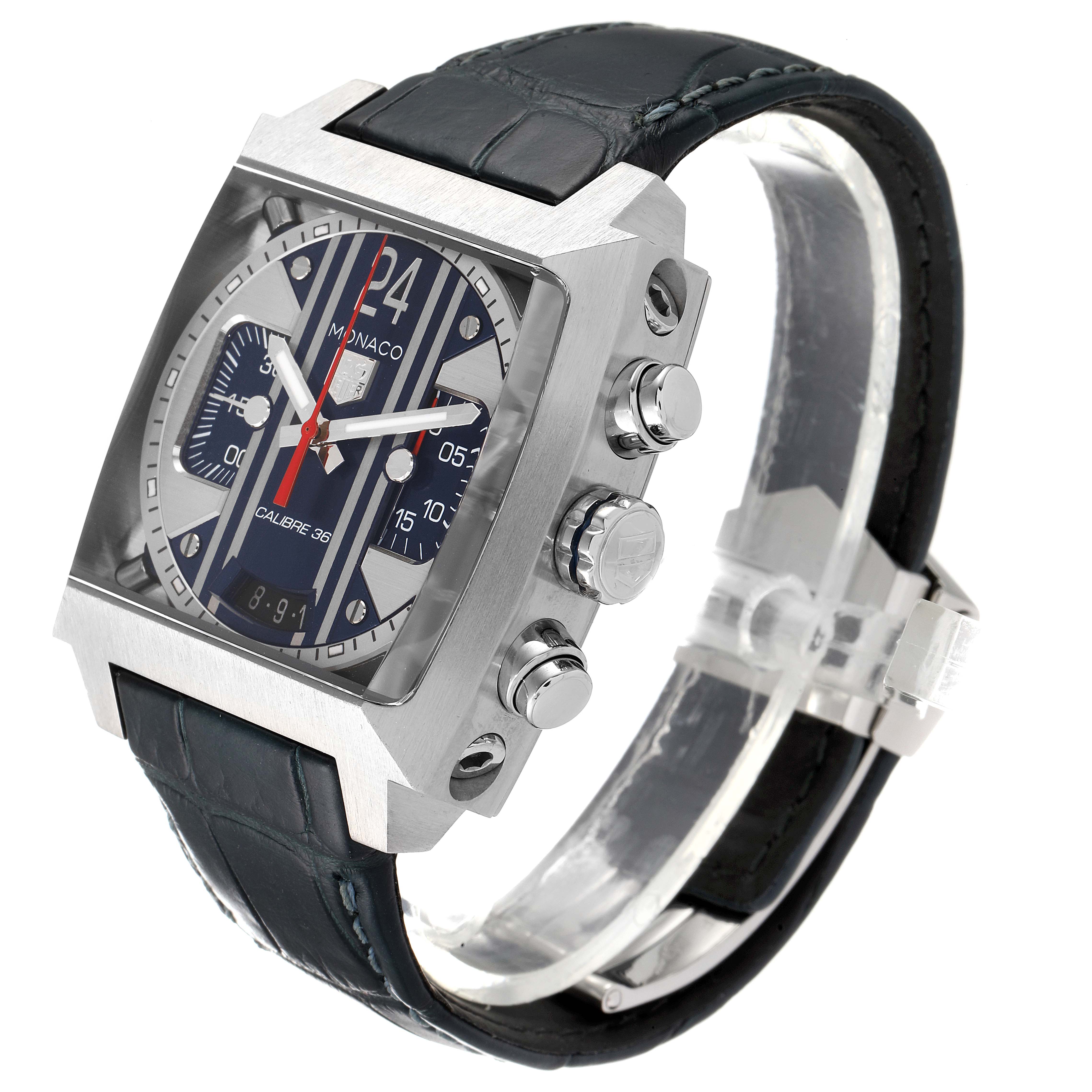 The image shows a side and front view of a Tag Heuer Monaco CAL5111.FC6299 Men
s Stainless Steel Blue Dial CAL5111.FC6299 Men
s Stainless Steel Blue Dial model, highlighting the dial, case, crown, and pushers.