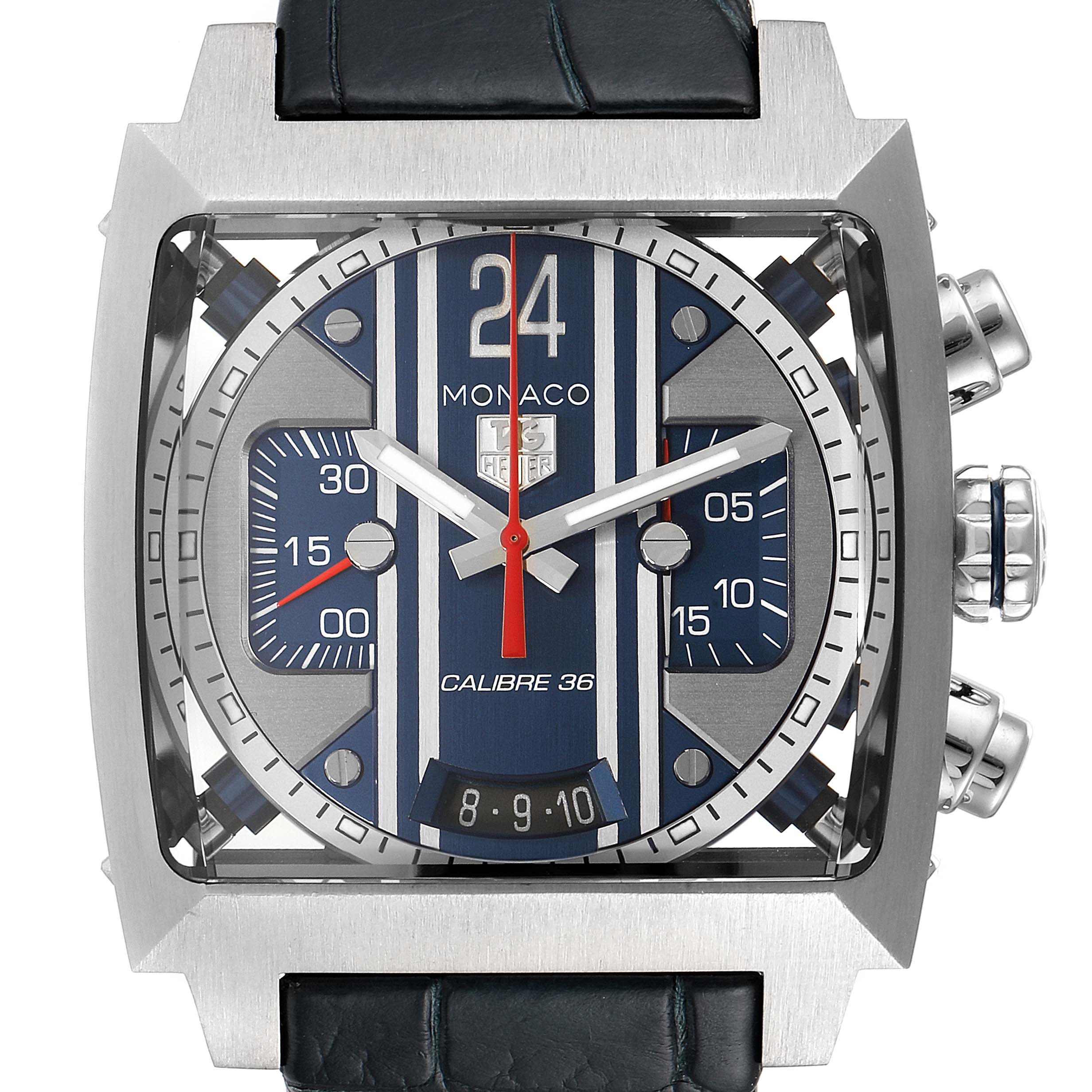 The image shows a frontal view of a Tag Heuer Monaco CAL5111.FC6299 Men
s Stainless Steel Blue Dial CAL5111.FC6299 Men
s Stainless Steel Blue Dial watch, featuring its dial, crown, and chronograph buttons.