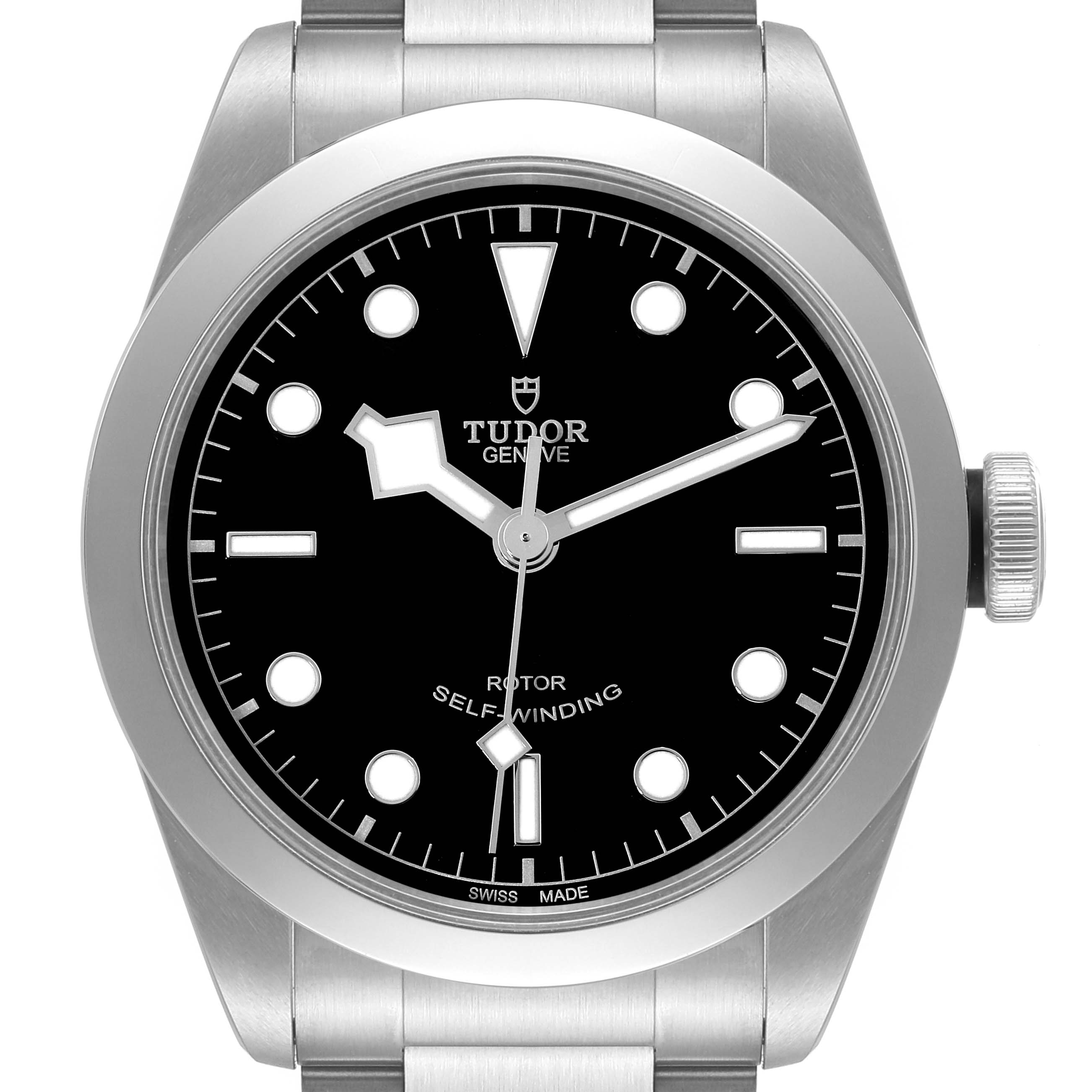 The image shows a front view of the Tudor Heritage Black Bay 79540 Men's Stainless Steel Black Dial 79540 Men's Stainless Steel Black Dial watch, highlighting its face, bezel, crown, and part of the bracelet.