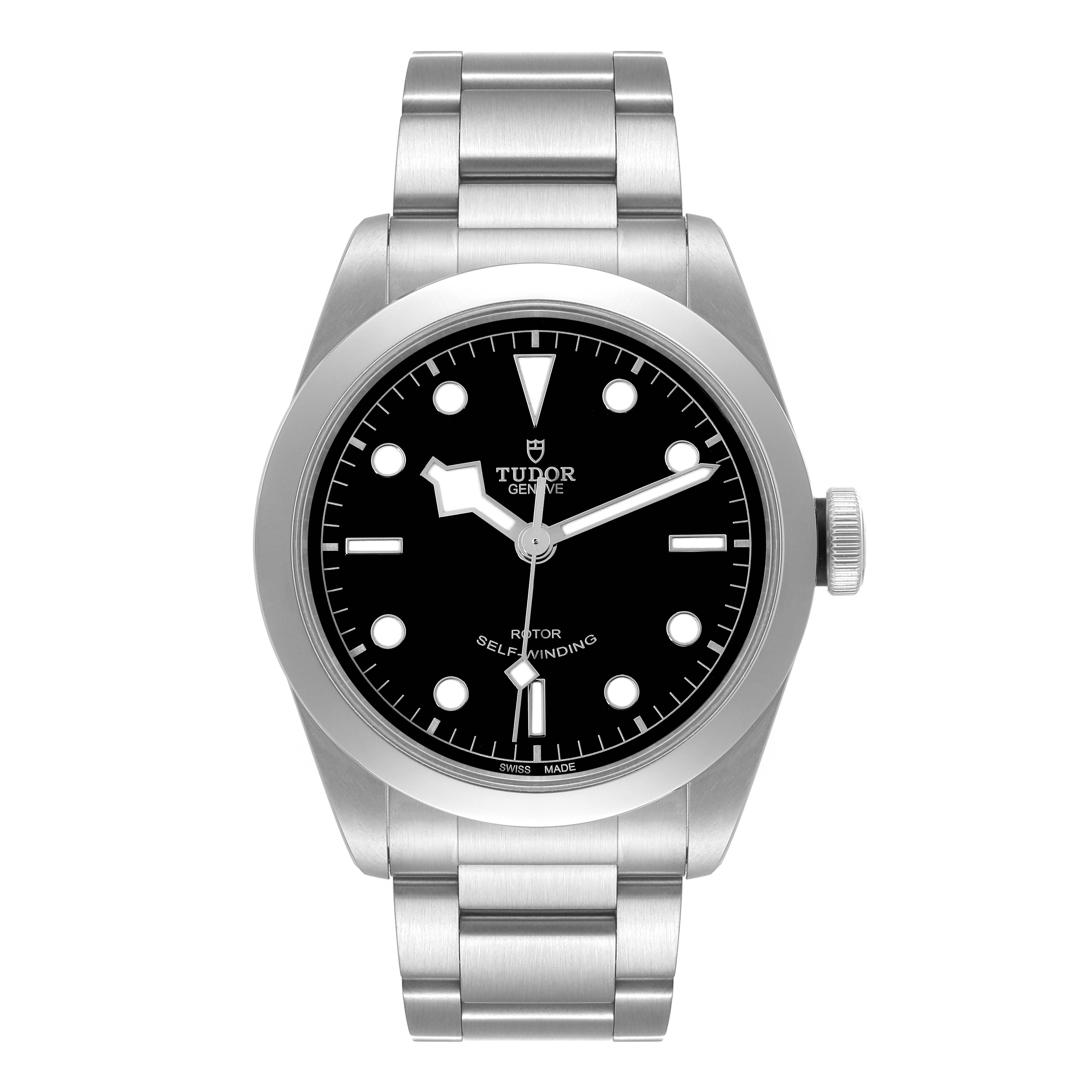 The image shows a front view of the Tudor Heritage Black Bay 79540 Men's Stainless Steel Black Dial 79540 Men's Stainless Steel Black Dial watch displaying its black dial and stainless steel bracelet.