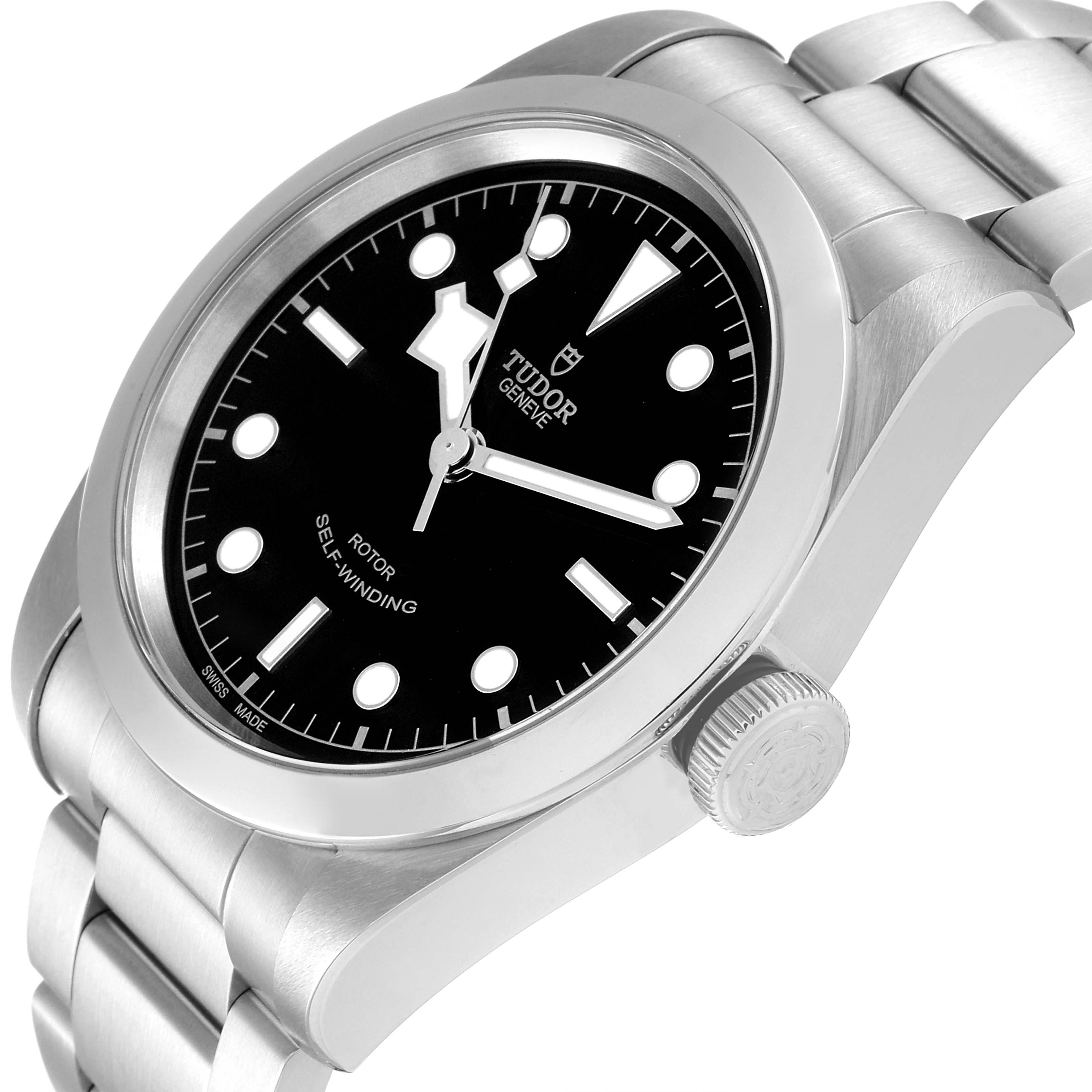 The image shows a close-up angle of the Tudor Heritage Black Bay 79540 Men's Stainless Steel Black Dial 79540 Men's Stainless Steel Black Dial watch, featuring its face, bezel, crown, and part of the bracelet.