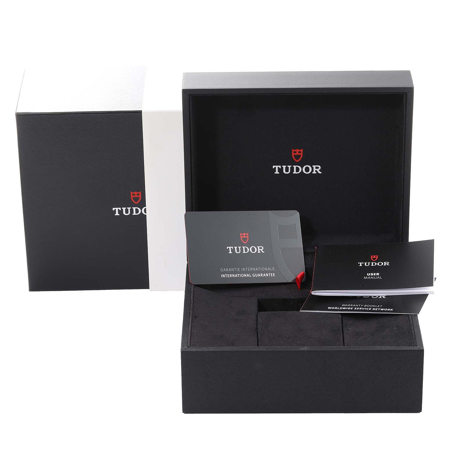 The image shows the Tudor Heritage Black Bay 79540 Men's Stainless Steel Black Dial 79540 Men's Stainless Steel Black Dial watch box, warranty card, and user manual.