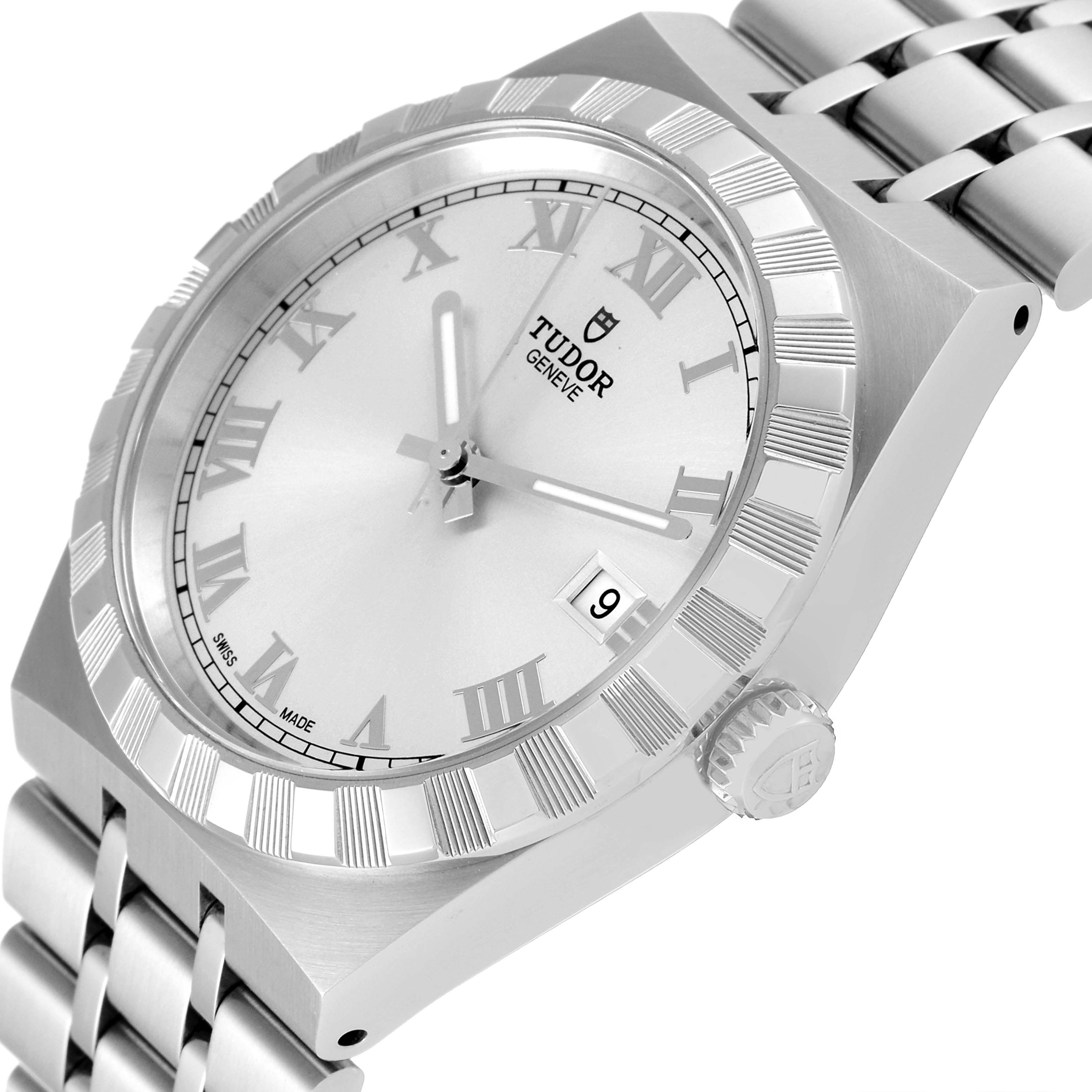 This image shows a Tudor Royal M28500 Men
s Stainless Steel Silver Dial M28500 Men
s Stainless Steel Silver Dial model wristwatch from an angled top view, highlighting the dial, bezel, and part of the bracelet.