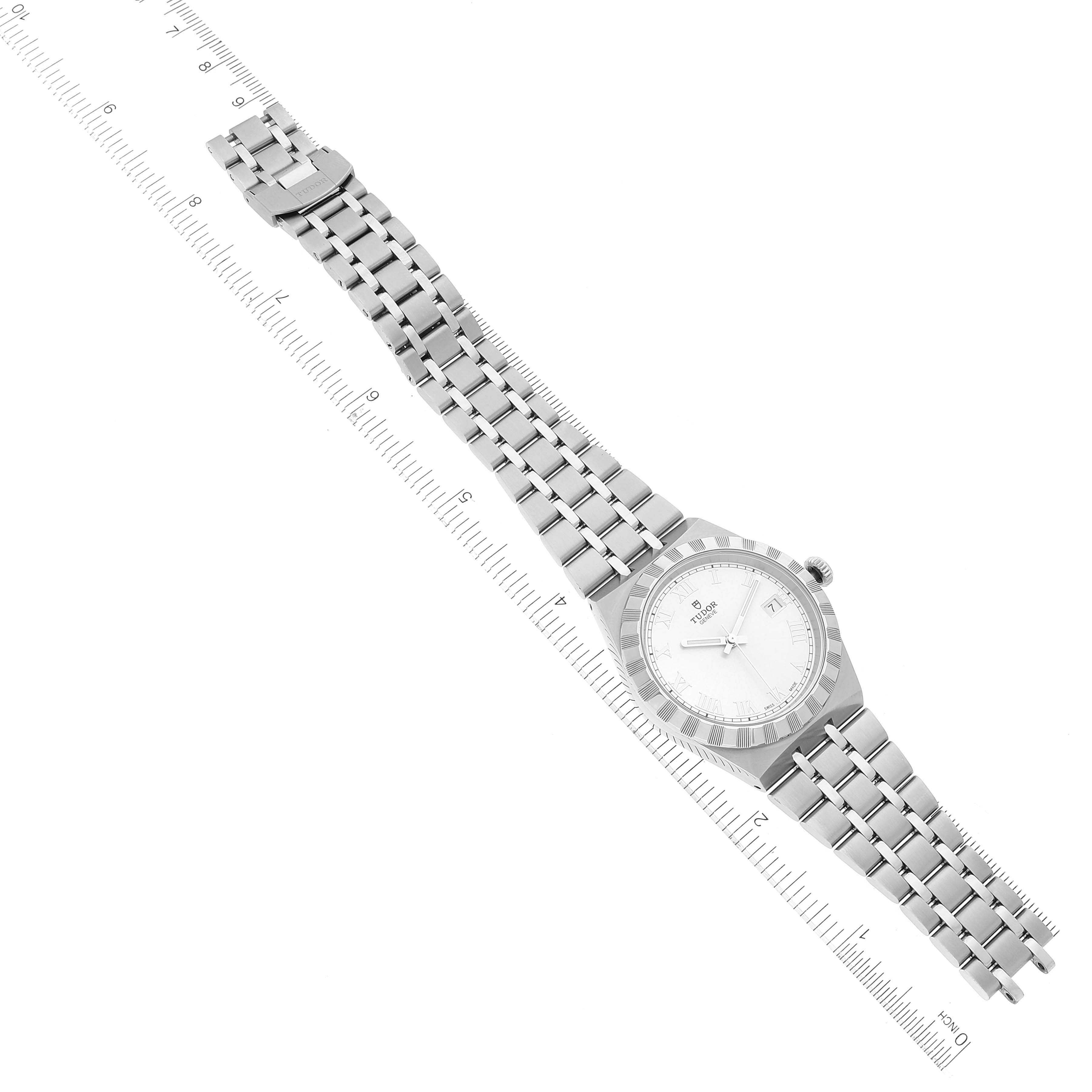 The Tudor Royal M28500 Men
s Stainless Steel Silver Dial M28500 Men
s Stainless Steel Silver Dial model watch is shown in a top-down angle, featuring the full bracelet and face.