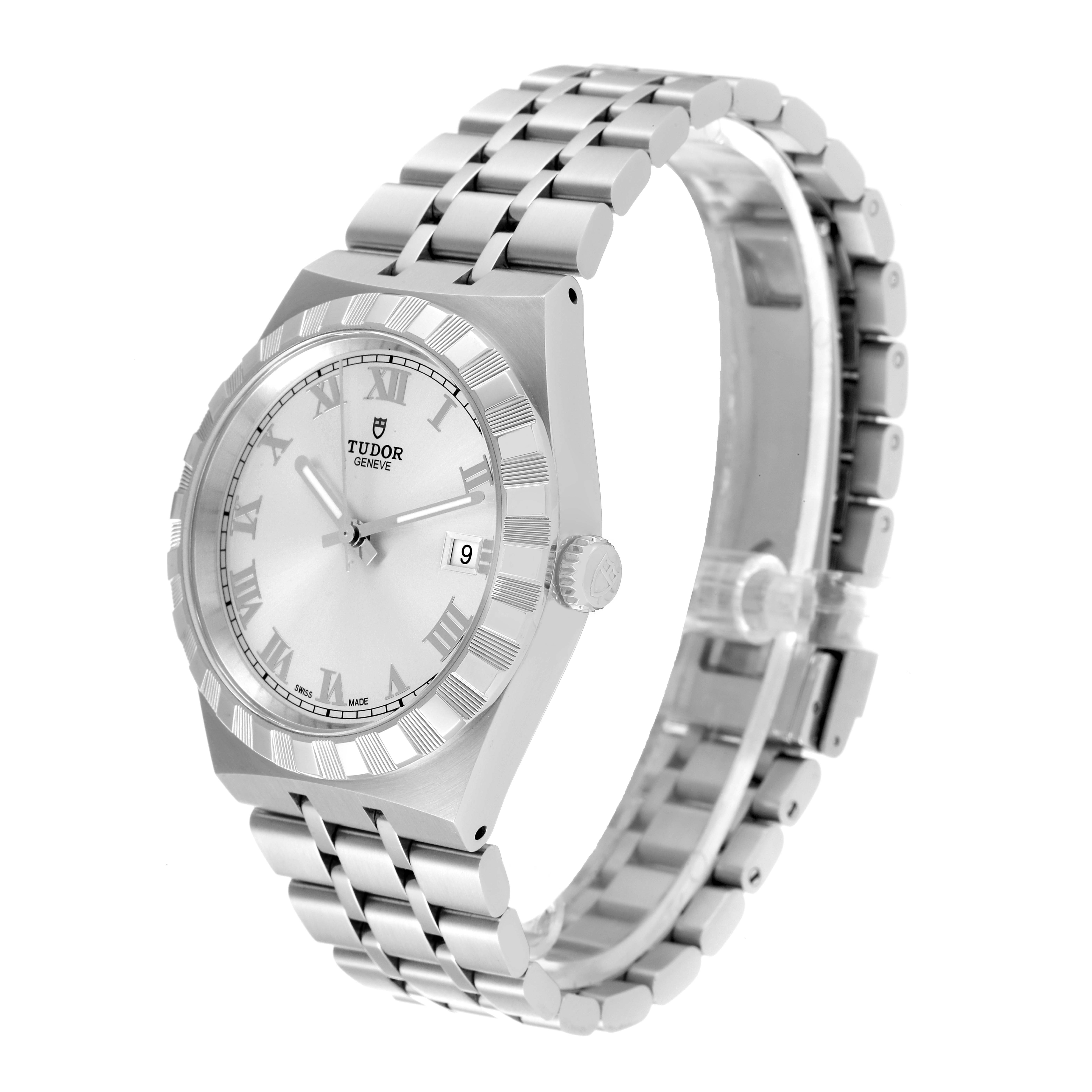 A Tudor Royal M28500 Men
s Stainless Steel Silver Dial M28500 Men
s Stainless Steel Silver Dial watch is shown at an angle revealing the face, crown, and stainless steel bracelet.