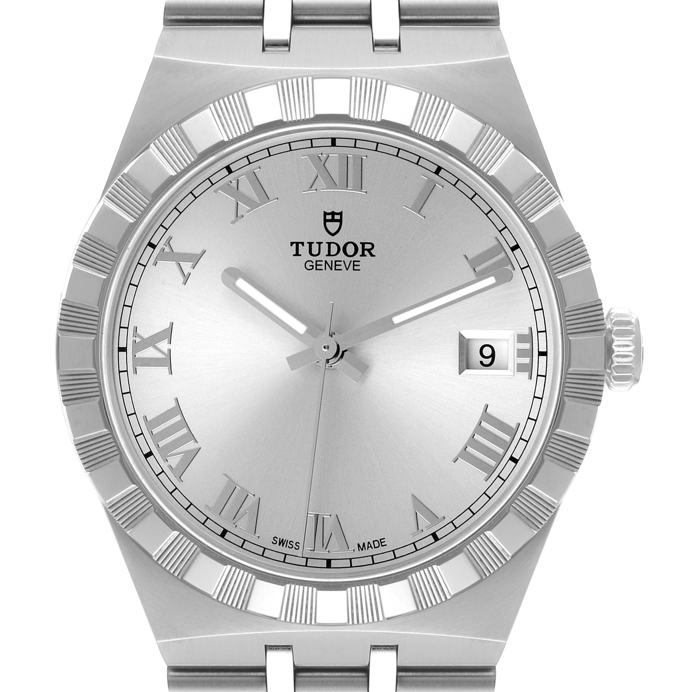 The Tudor Royal M28500 Men
s Stainless Steel Silver Dial M28500 Men
s Stainless Steel Silver Dial watch is shown from a front angle, displaying the dial, hands, Roman numerals, date window, and part of the bracelet.