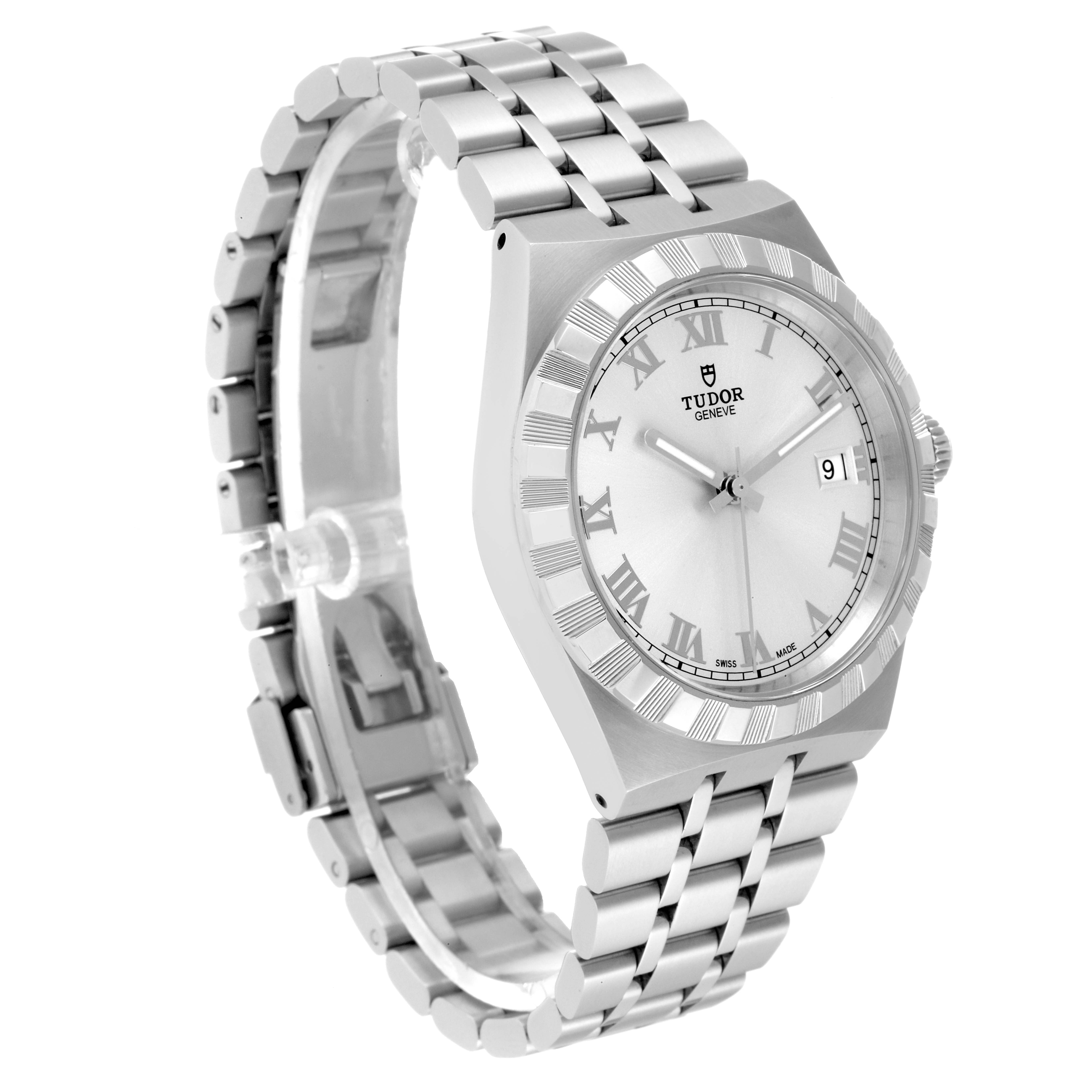 The Tudor Royal M28500 Men
s Stainless Steel Silver Dial M28500 Men
s Stainless Steel Silver Dial watch is shown at a slight angle, highlighting its face, bezel, and metal bracelet.