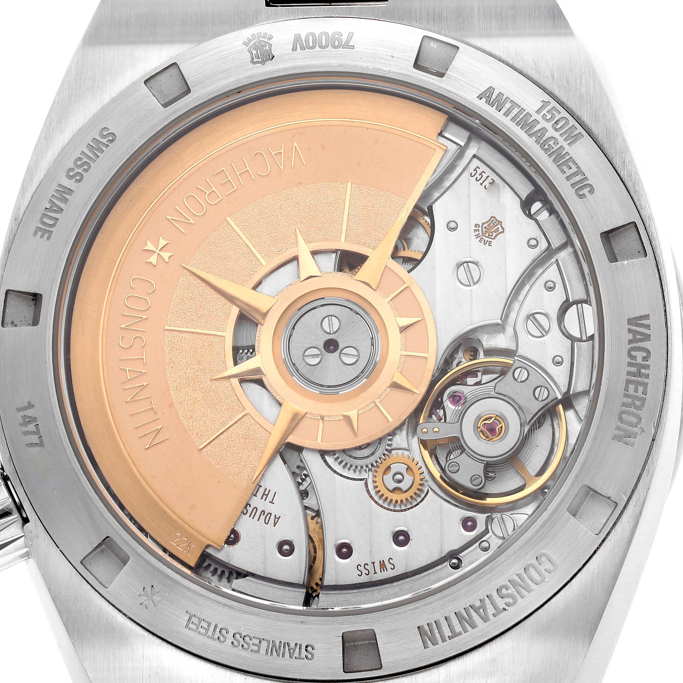 The image shows the caseback of the Vacheron Constantin Overseas 7900V/110A-B334 Men's Stainless Steel Blue Dial 7900V/110A-B334 Men's Stainless Steel Blue Dial model, highlighting its movement and rotor.