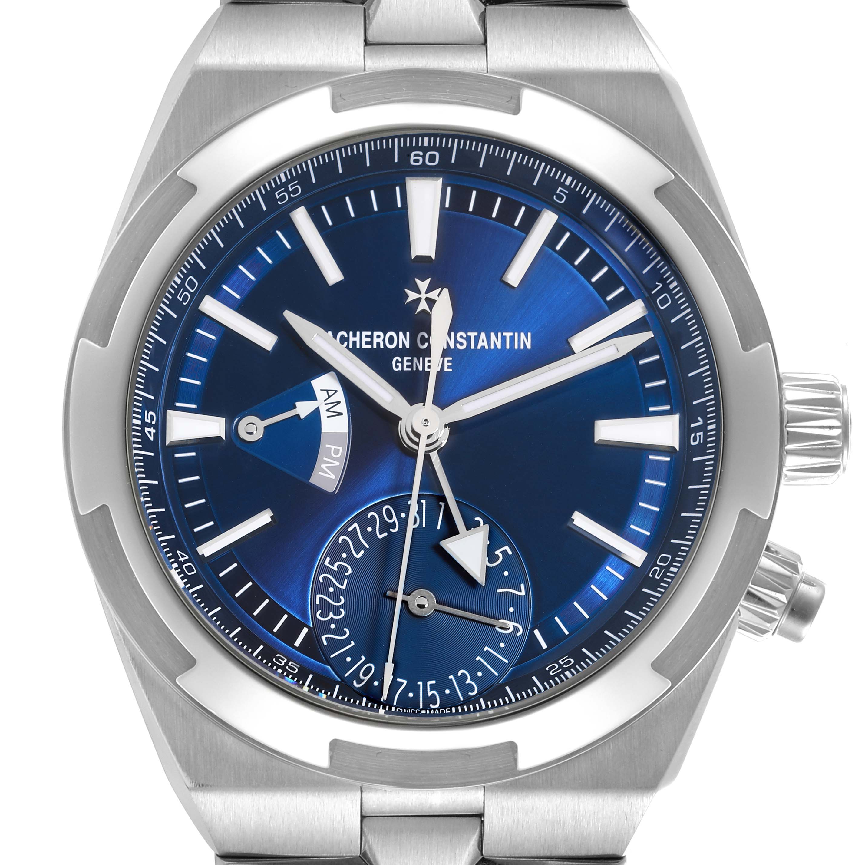 The Vacheron Constantin Overseas 7900V/110A-B334 Men's Stainless Steel Blue Dial 7900V/110A-B334 Men's Stainless Steel Blue Dial watch is shown from the front, displaying the blue dial, hour markers, hands, date, and AM/PM indicators.
