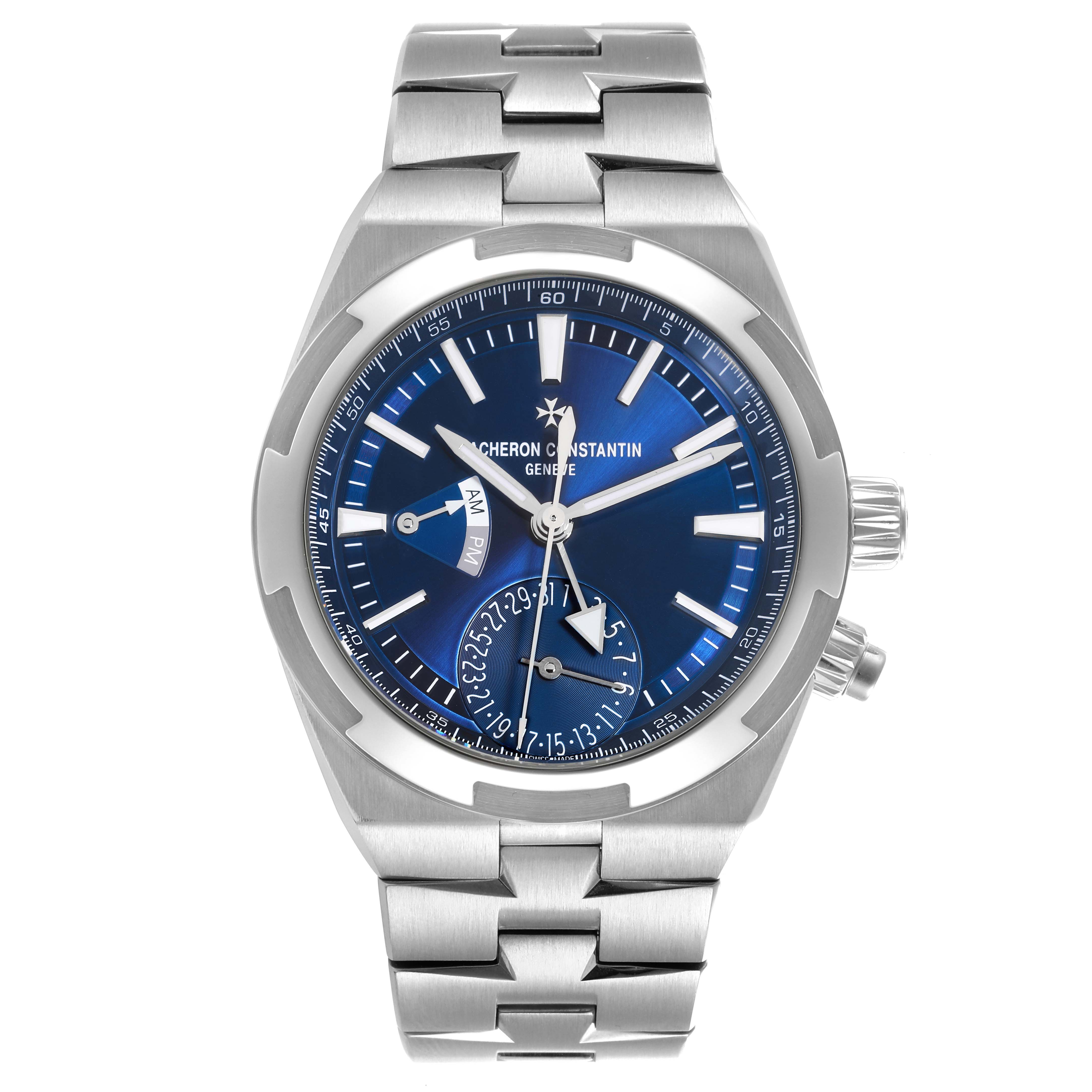 The Vacheron Constantin Overseas 7900V/110A-B334 Men's Stainless Steel Blue Dial 7900V/110A-B334 Men's Stainless Steel Blue Dial watch is shown from a front angle, highlighting the blue dial and stainless steel bracelet.