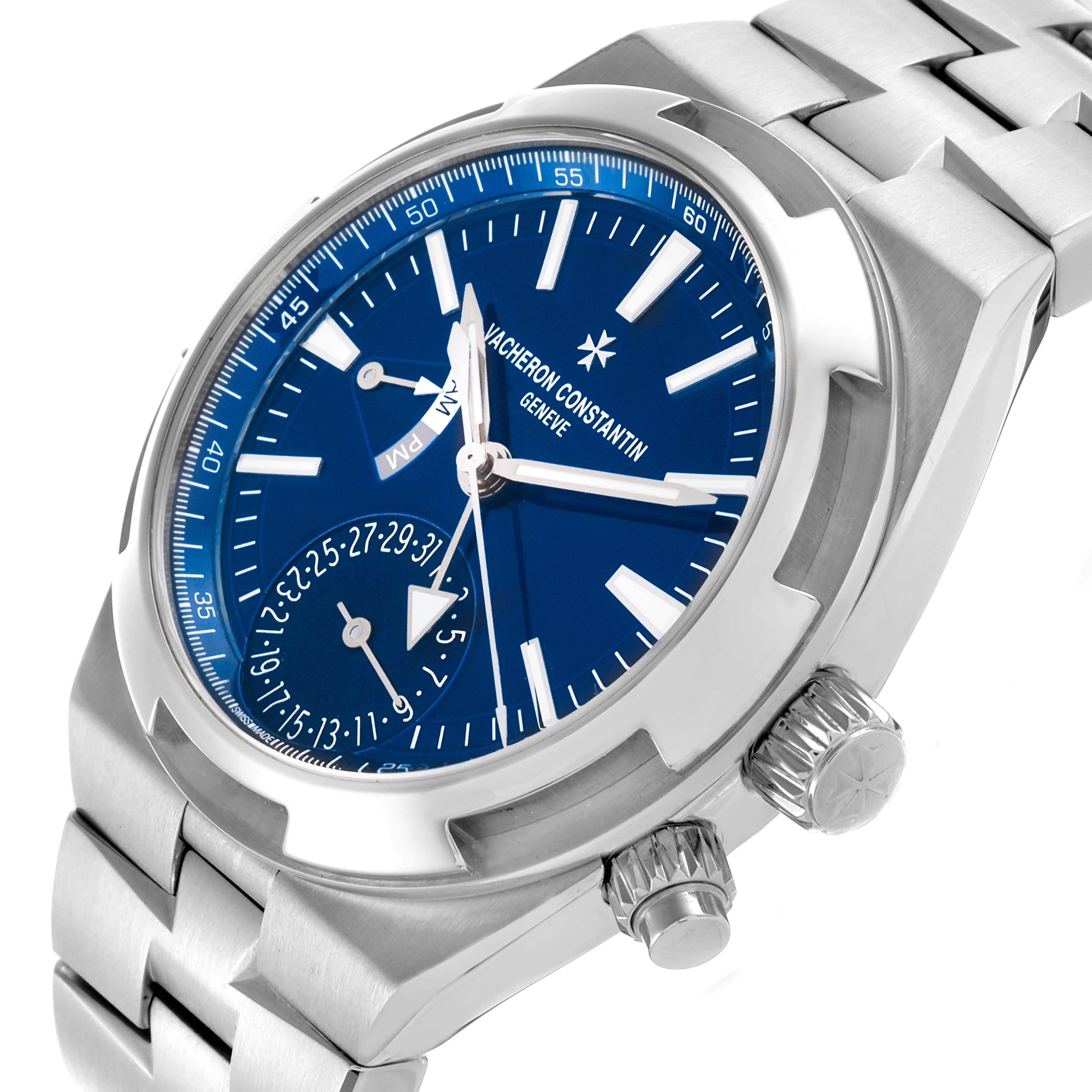 The Vacheron Constantin Overseas 7900V/110A-B334 Men's Stainless Steel Blue Dial 7900V/110A-B334 Men's Stainless Steel Blue Dial watch is shown at an angled view, displaying the blue dial, crown, and part of the bracelet.