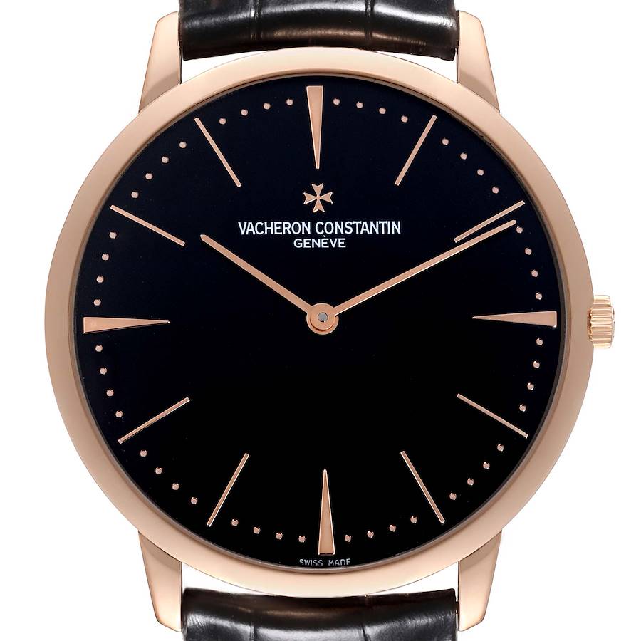 The Vacheron Constantin Patrimony watch is shown from the front, displaying its black dial and rose gold case.