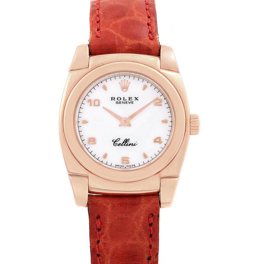 Rolex Cellini Cestello Ladies Rose Gold White Dial Red Strap Watch 5310 SwissWatchExpo