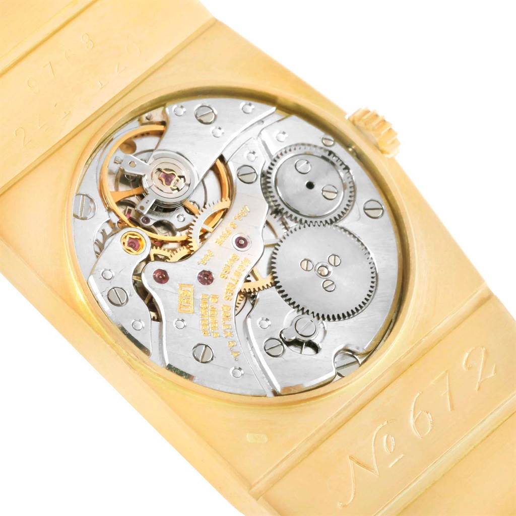 This image shows the internal mechanism of a Rolex Cellini Women's Yellow Gold Champagne Dial Women's Yellow Gold Champagne Dial watch, viewed from the back.