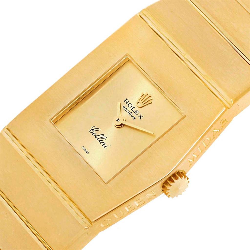 This image shows a close-up of the face and crown of the Rolex Cellini Women's Yellow Gold Champagne Dial Women's Yellow Gold Champagne Dial model, featuring a gold finish.